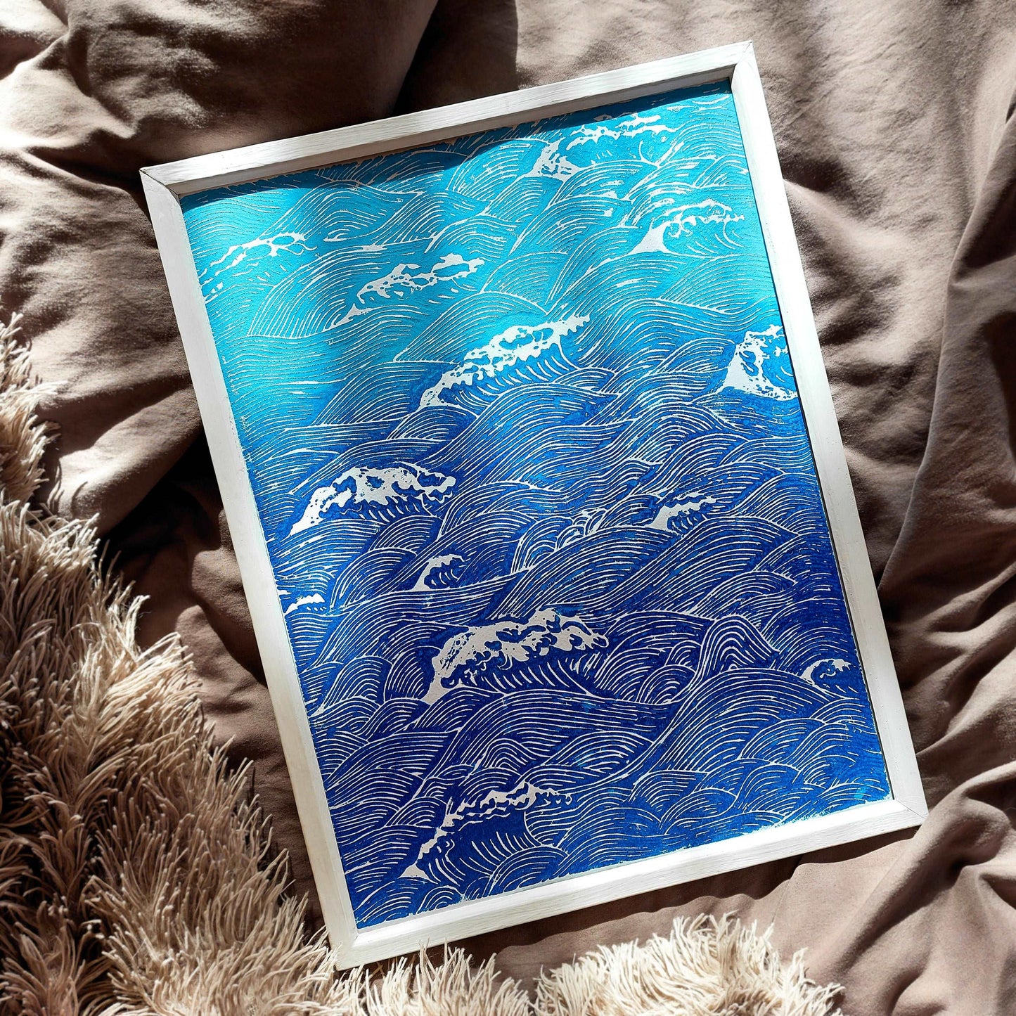 Blue waves Linocut print for Nature lover gift UNFRAMED Housewarming gift New home gift Kitchen wall decor Living room bedroom decor 16x12 Original artwork Nautical wall decor