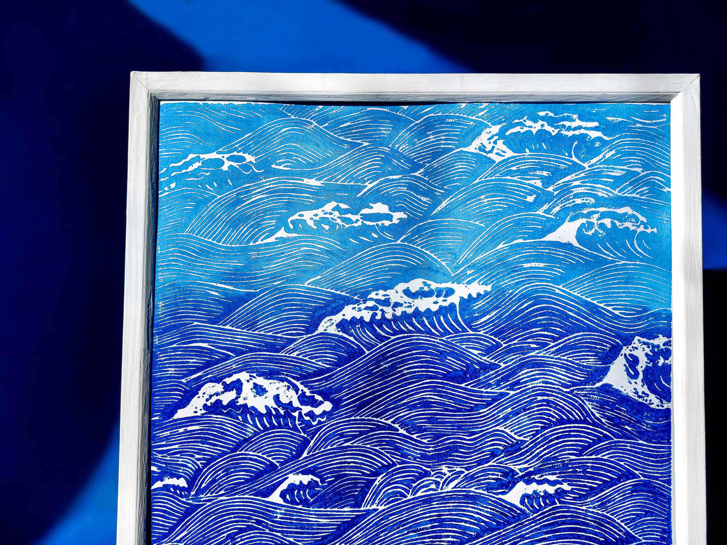 Details blue relief waves linocut  print / lino print / linogravure