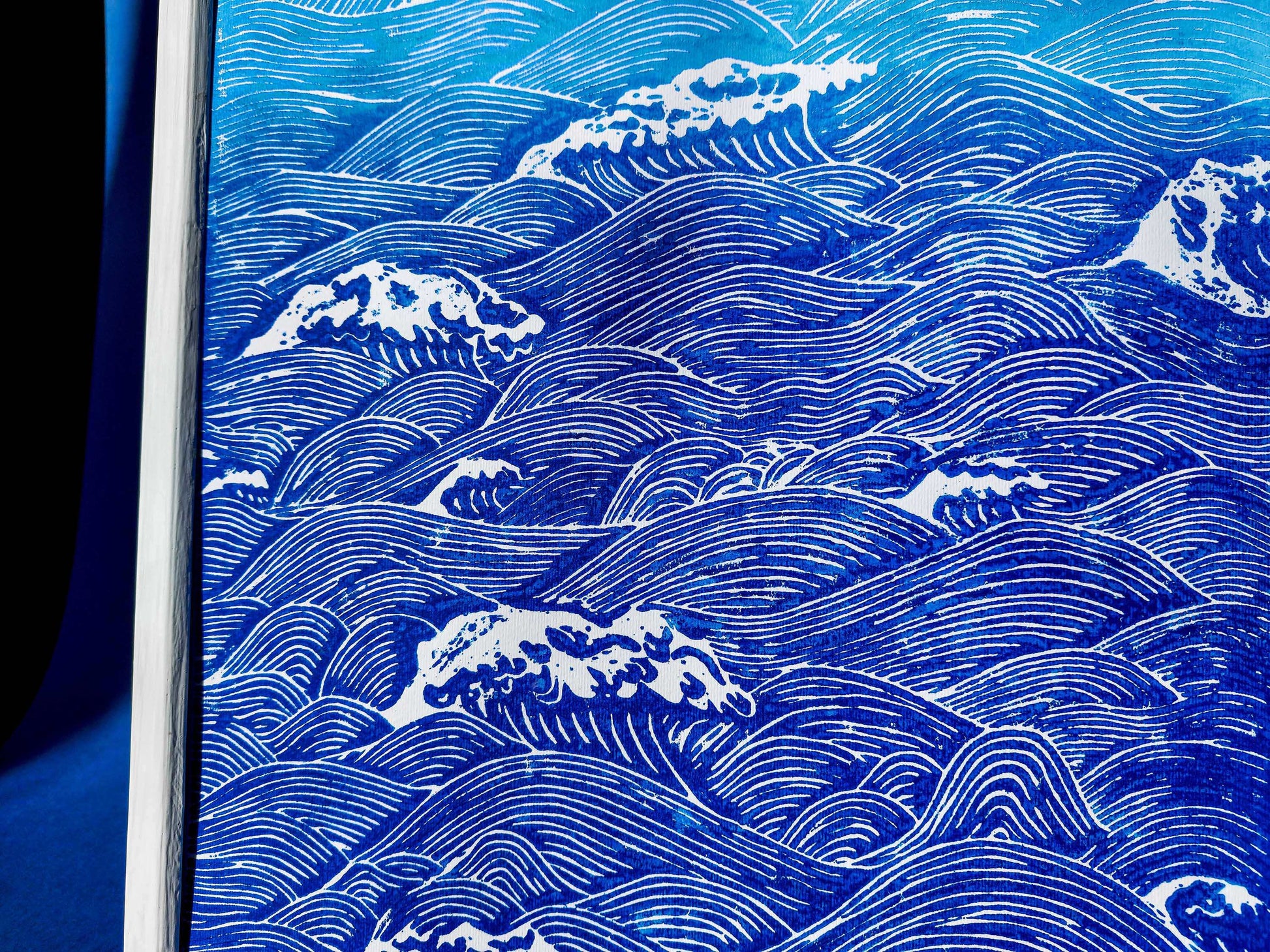Details blue relief waves linocut  print / lino print / linogravure