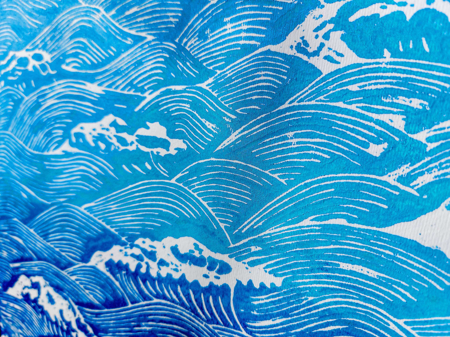 Details blue relief waves linocut  print / lino print / linogravure