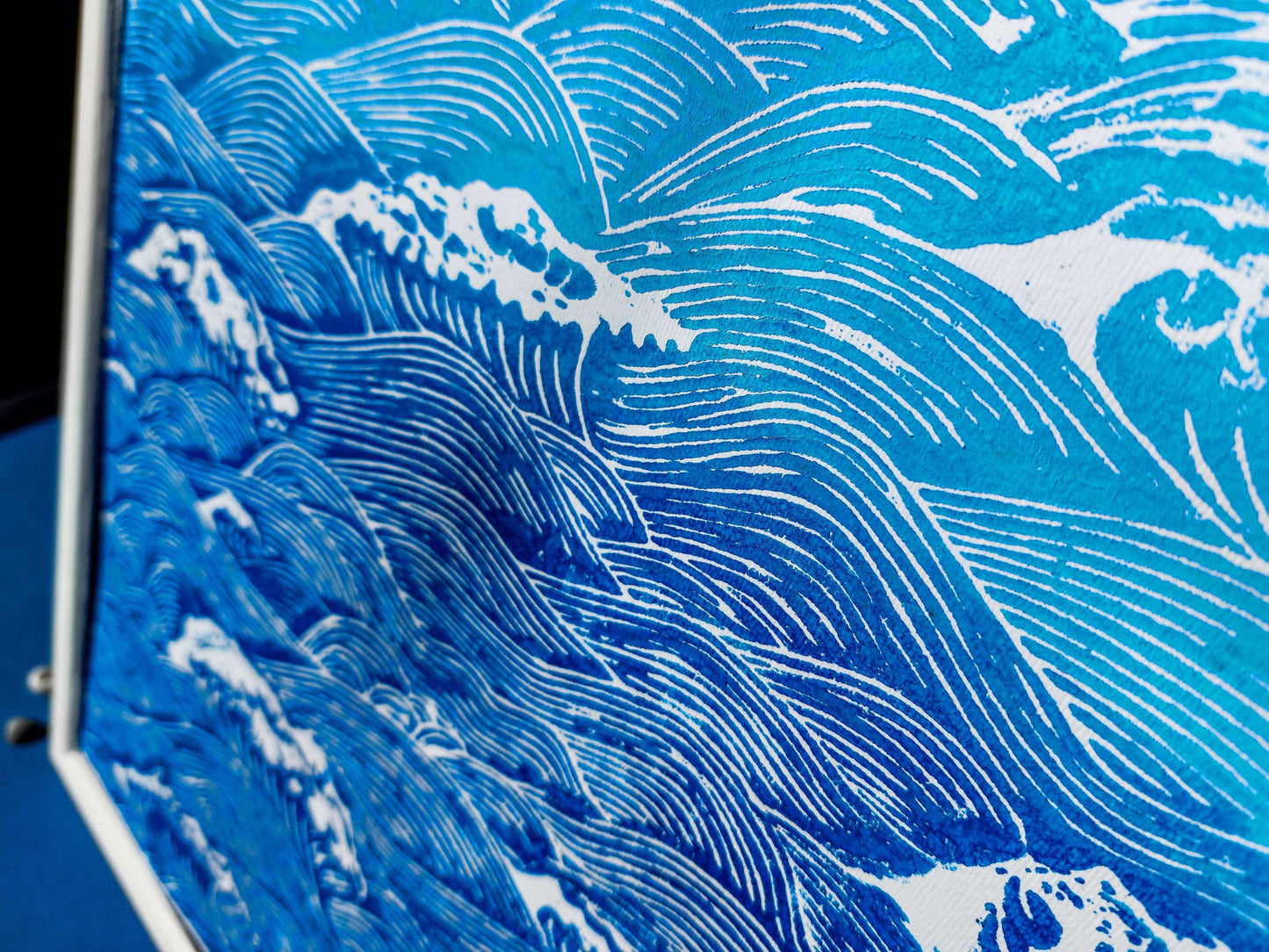 Details blue relief waves linocut  print / lino print / linogravure