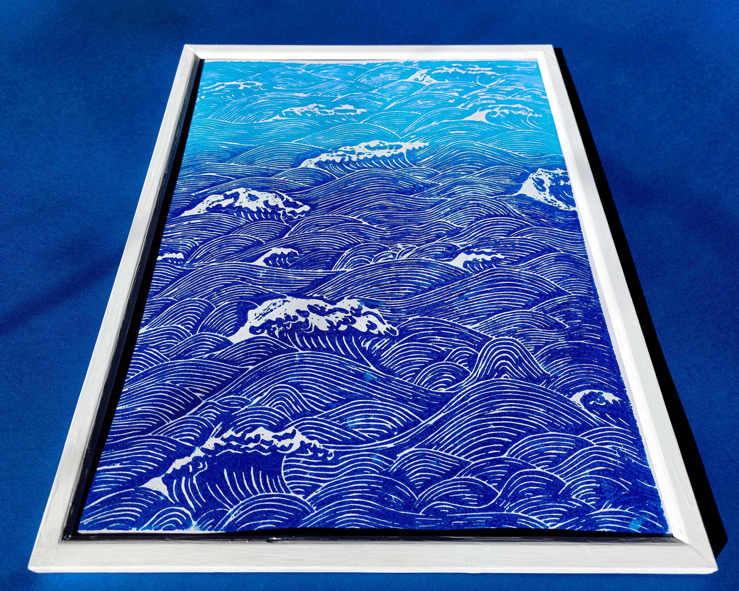 Blue waves Linocut print for Nature lover gift UNFRAMED Housewarming gift New home gift Kitchen wall decor Living room bedroom decor 16x12 Original artwork Nautical wall decor