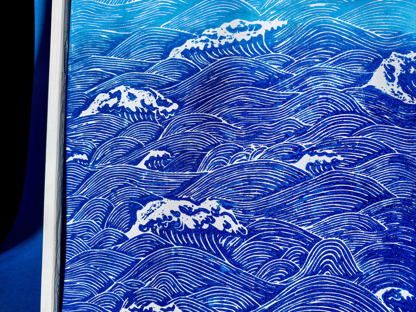Gallery wall set of 2 Linocut print Blue ocean waves and sea shell wall art 12x16 for Nature lovers gift UNFRAMED / lino print / linogravure / original artwork / printmaking / hampton style / costal wall art / nautical wall art for bedroom, living room, bathroom / classical wall art