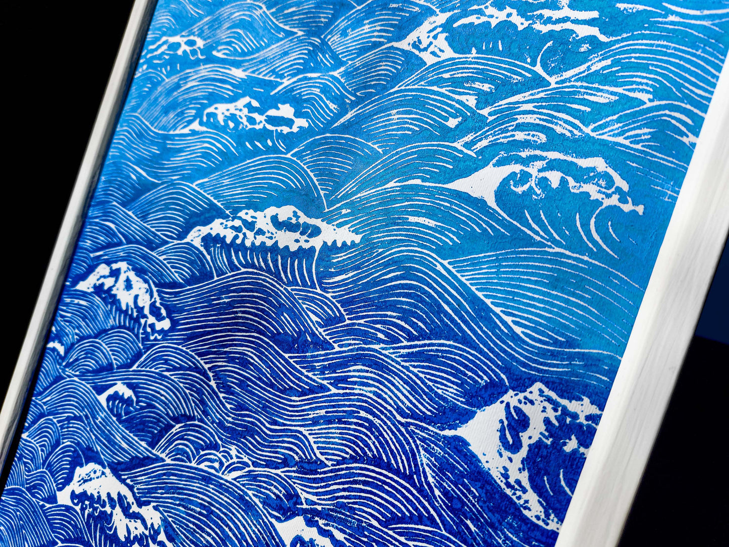 Gallery wall set of 2 Blue Japanese waves and clouds wall art Linocut print UNFRAMED for bathroom, bedroom or living room wall decor, lino print, linogravure, printmaking, handmade art, block print, relief print for new home gift or nature lover gift