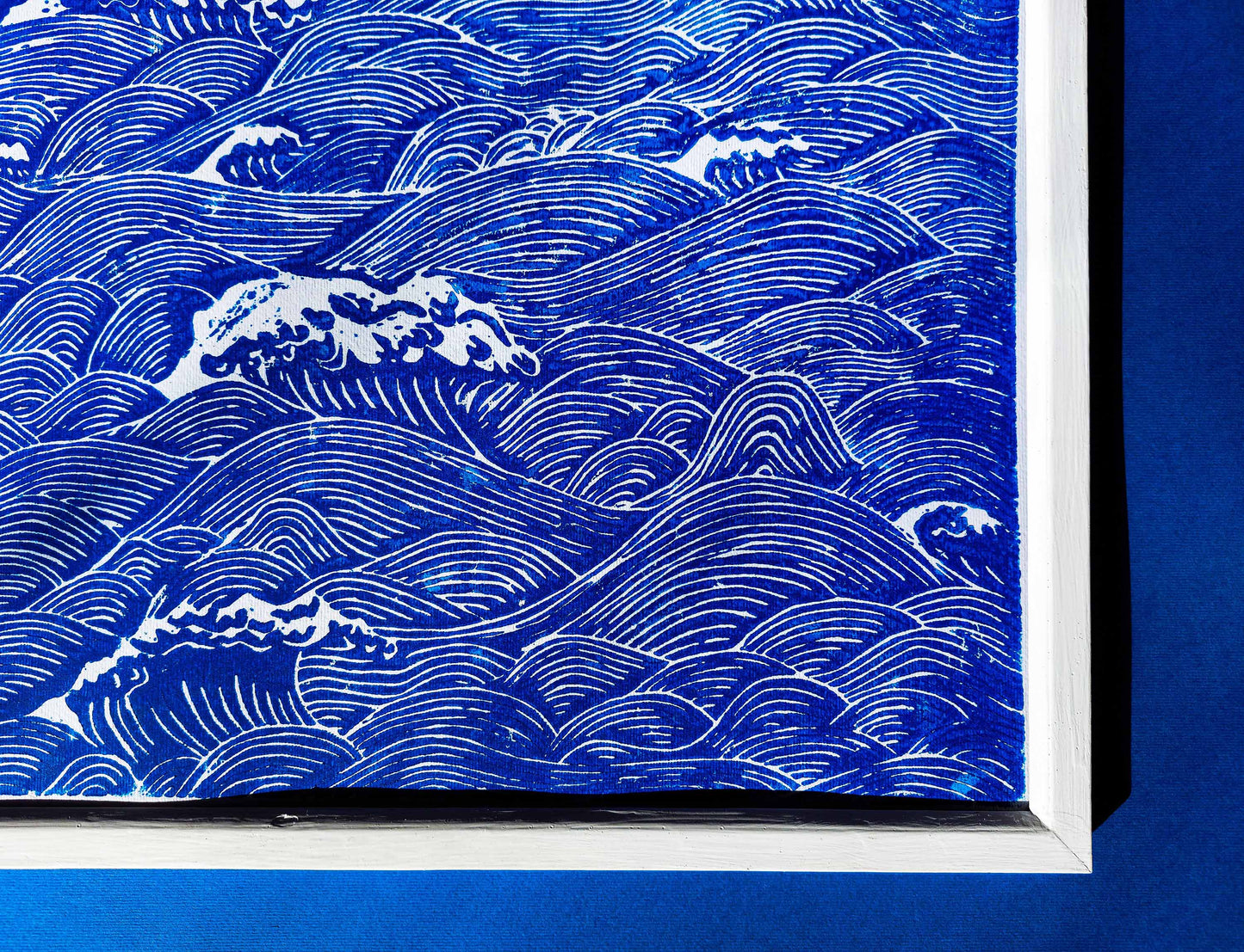 Details blue relief waves linocut  print / lino print / linogravure