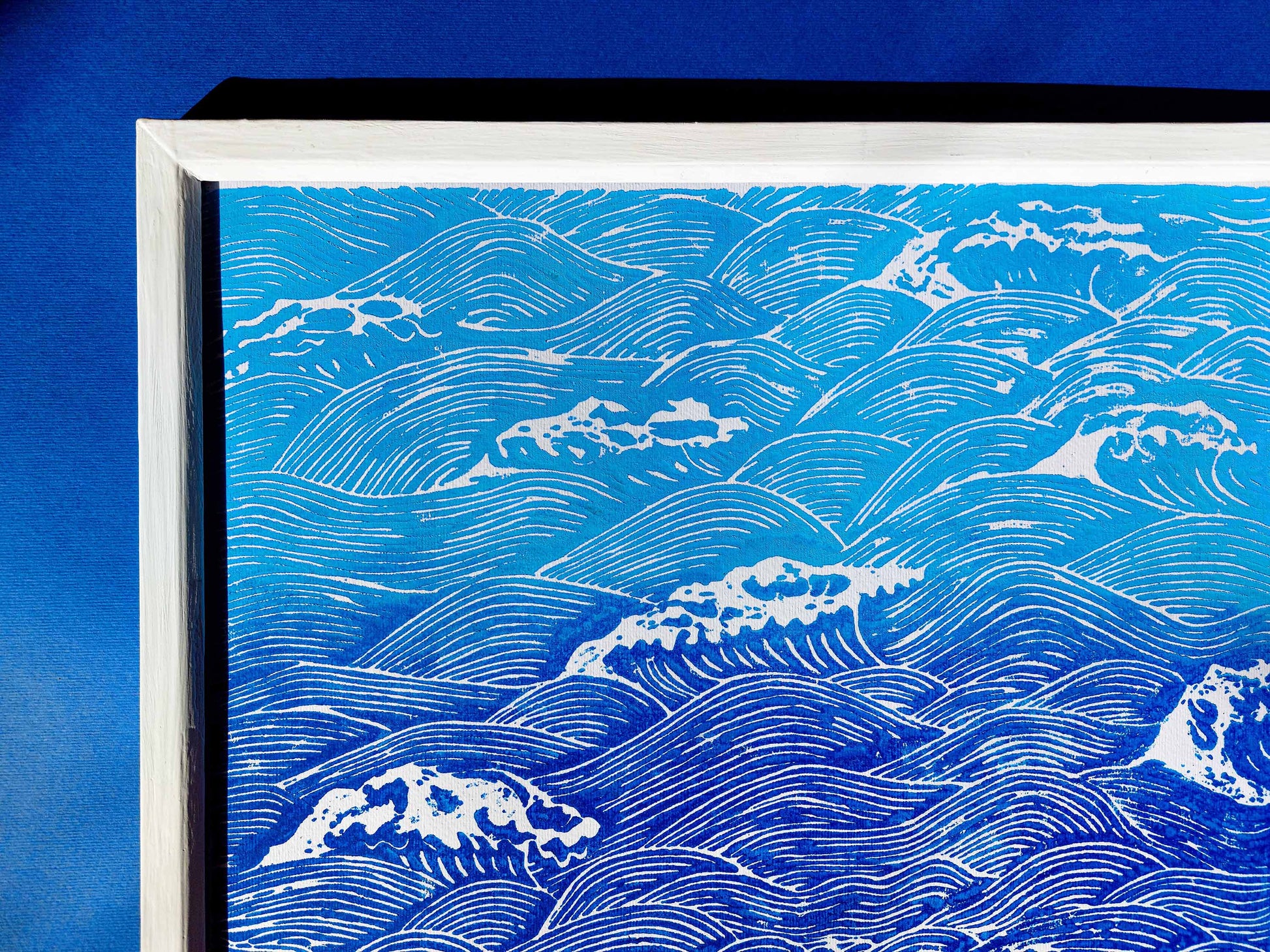 Details blue relief waves linocut  print / lino print / linogravure