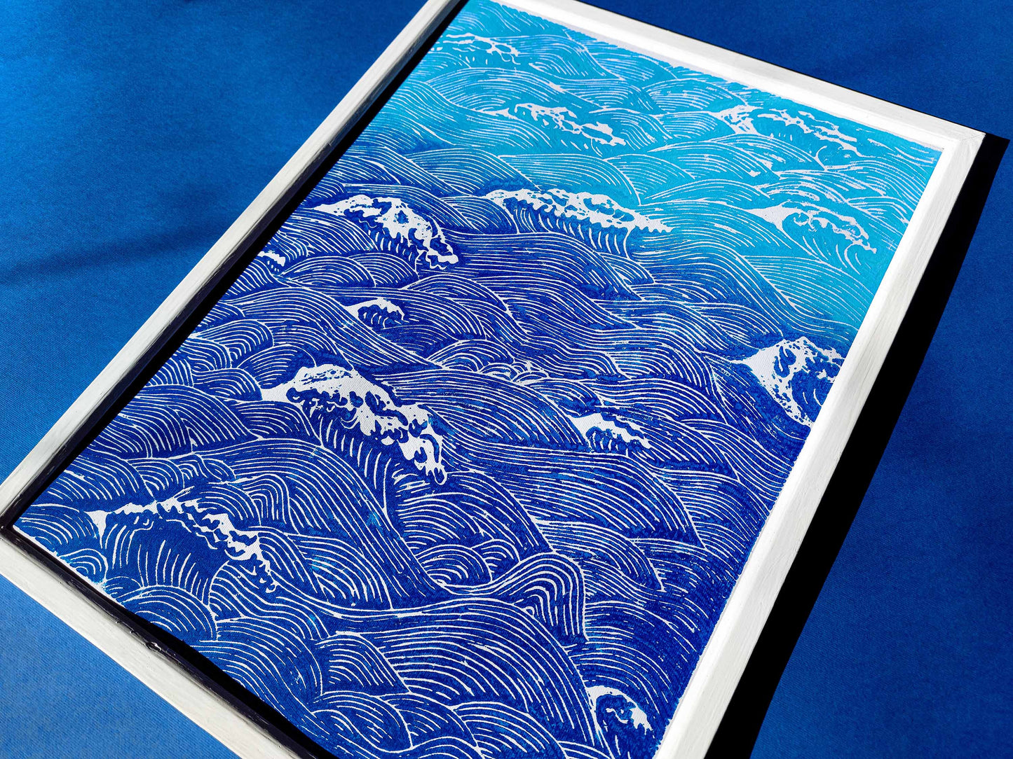 Blue waves Linocut print for Nature lover gift UNFRAMED Housewarming gift New home gift Kitchen wall decor Living room bedroom decor 16x12 Original artwork Nautical wall decor
