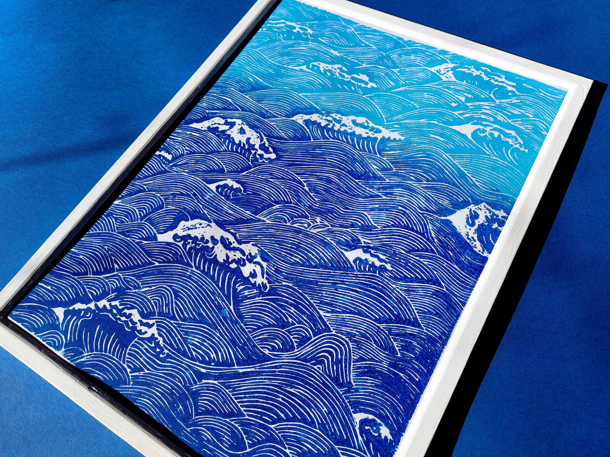 Blue waves Linocut print for Nature lover gift UNFRAMED Housewarming gift New home gift Kitchen wall decor Living room bedroom decor 16x12 Original artwork Nautical wall decor