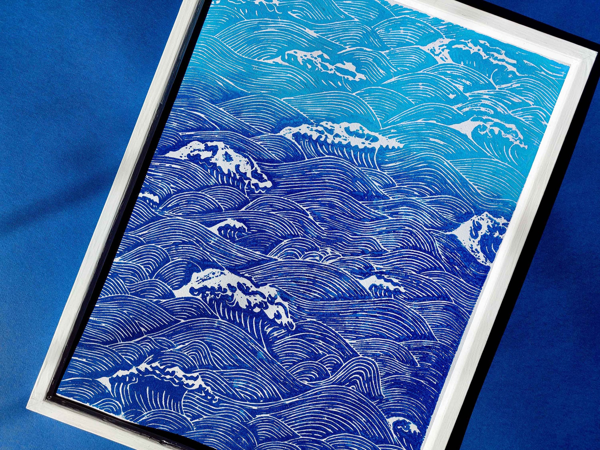 Blue waves Linocut print for Nature lover gift UNFRAMED Housewarming gift New home gift Kitchen wall decor Living room bedroom decor 16x12 Original artwork Nautical wall decor