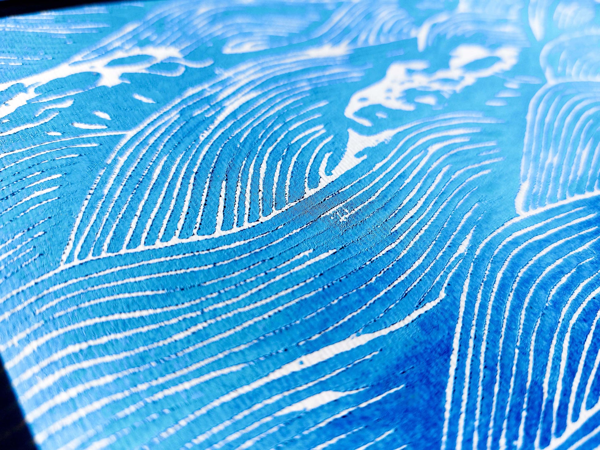 Details blue relief waves linocut  print / lino print / linogravure
