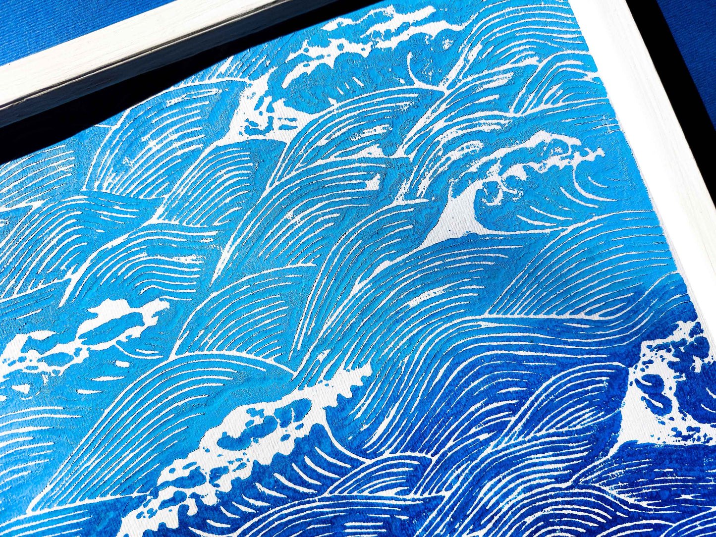 Gallery wall set of 2 Blue Japanese waves and clouds wall art Linocut print UNFRAMED for bathroom, bedroom or living room wall decor, lino print, linogravure, printmaking, handmade art, block print, relief print for new home gift or nature lover gift