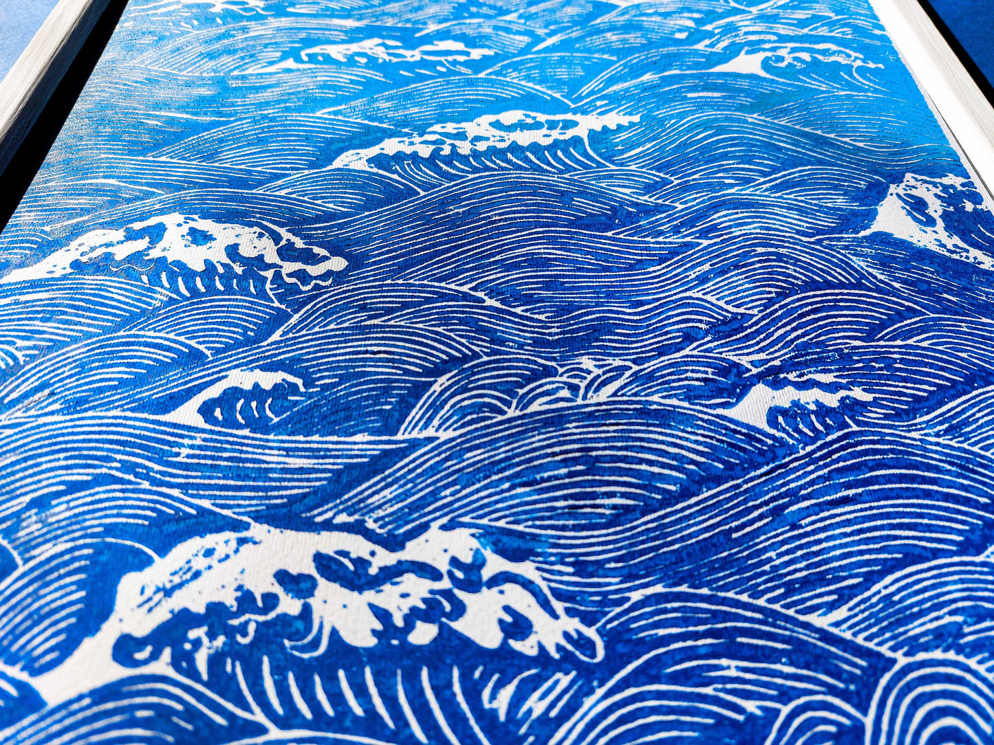 Details blue relief waves linocut  print / lino print / linogravure