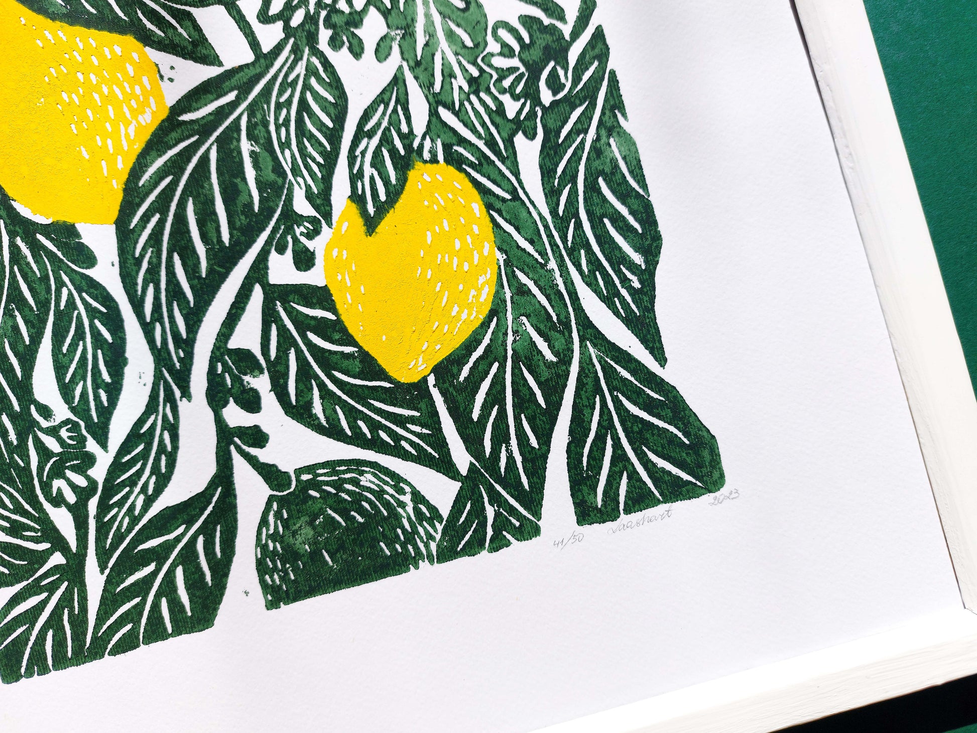 Yellow lemon relief linocut print