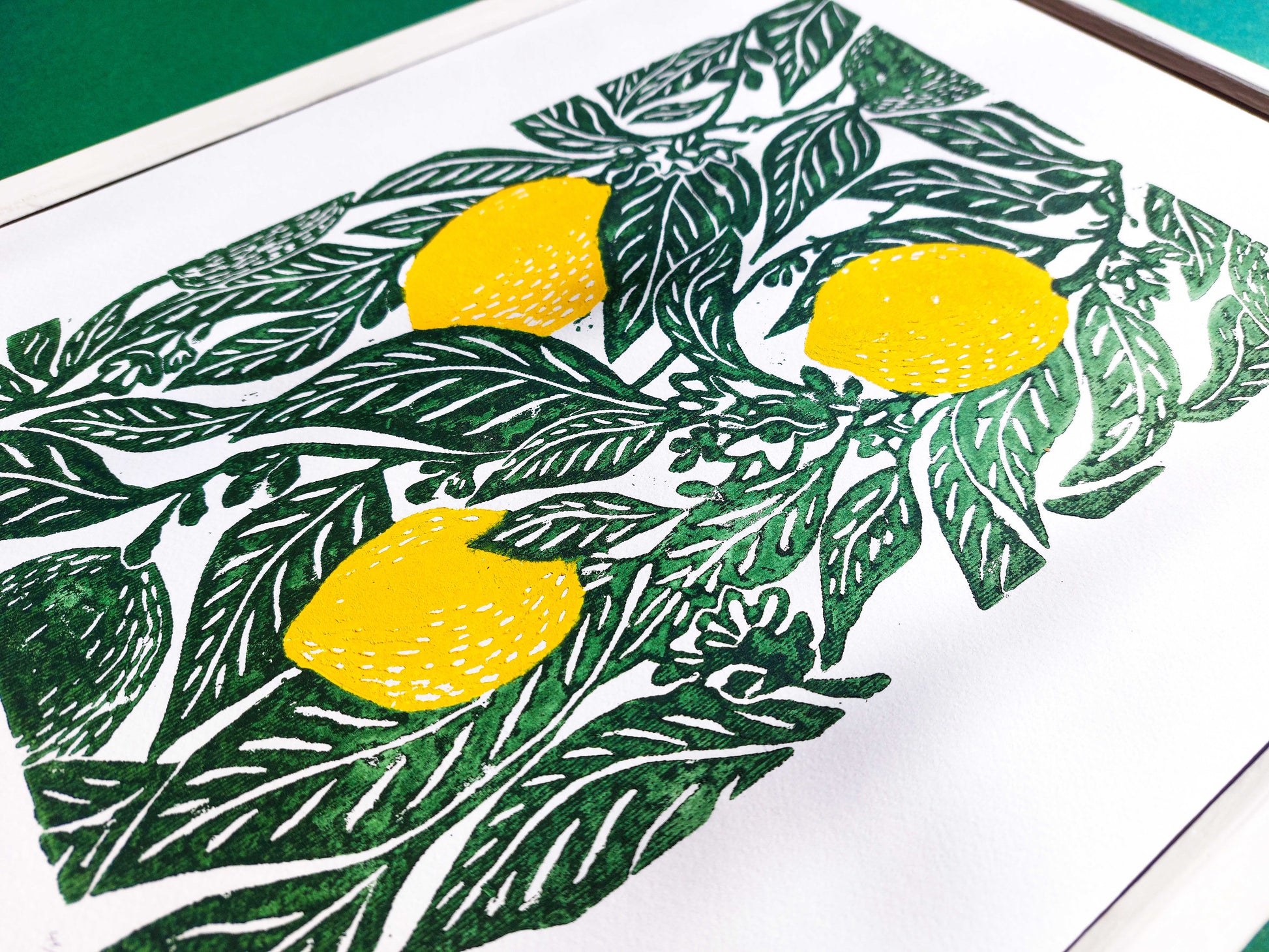 Yellow lemon and green plants botanical relief linocut print