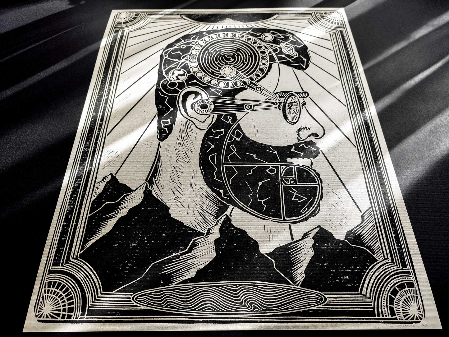Linocut print Male portrait with constellations Solar system Moon phases map Original artwork for Boyfriend gift or Grandpa Chic wall decor, lino print, linogravure, printmaking art, handmade wall art, bedroom wall decor, living room wall art, man art, black and beige wall art