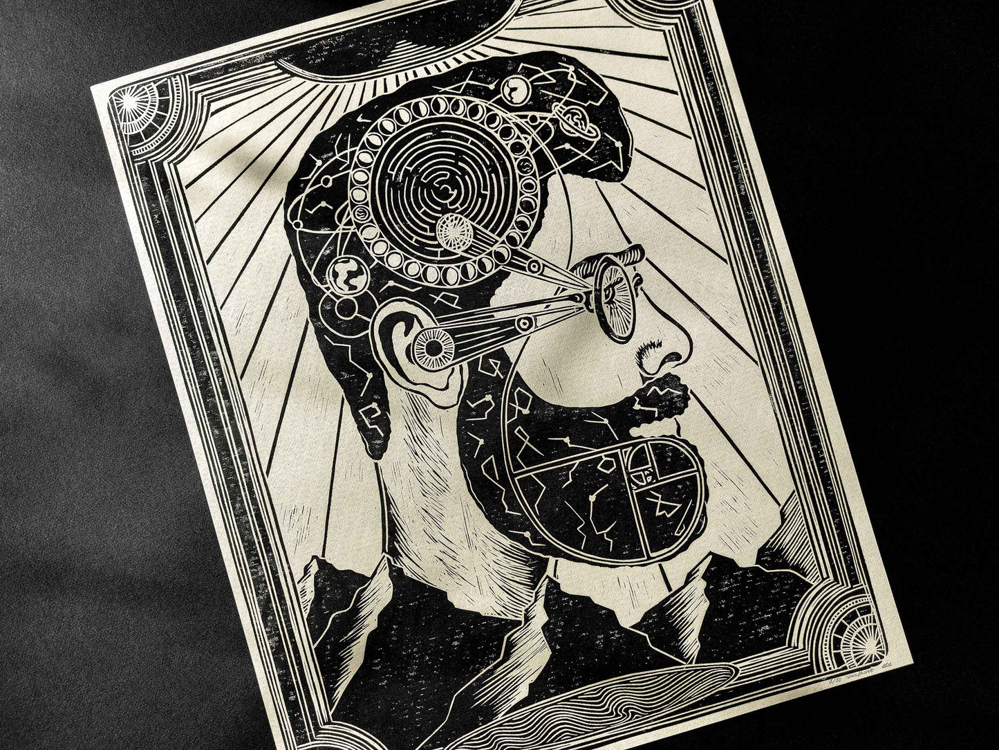 Linocut print Male portrait with constellations Solar system Moon phases map Original artwork for Boyfriend gift or Grandpa Chic wall decor, lino print, linogravure, printmaking art, handmade wall art, bedroom wall decor, living room wall art, man art, black and beige wall art