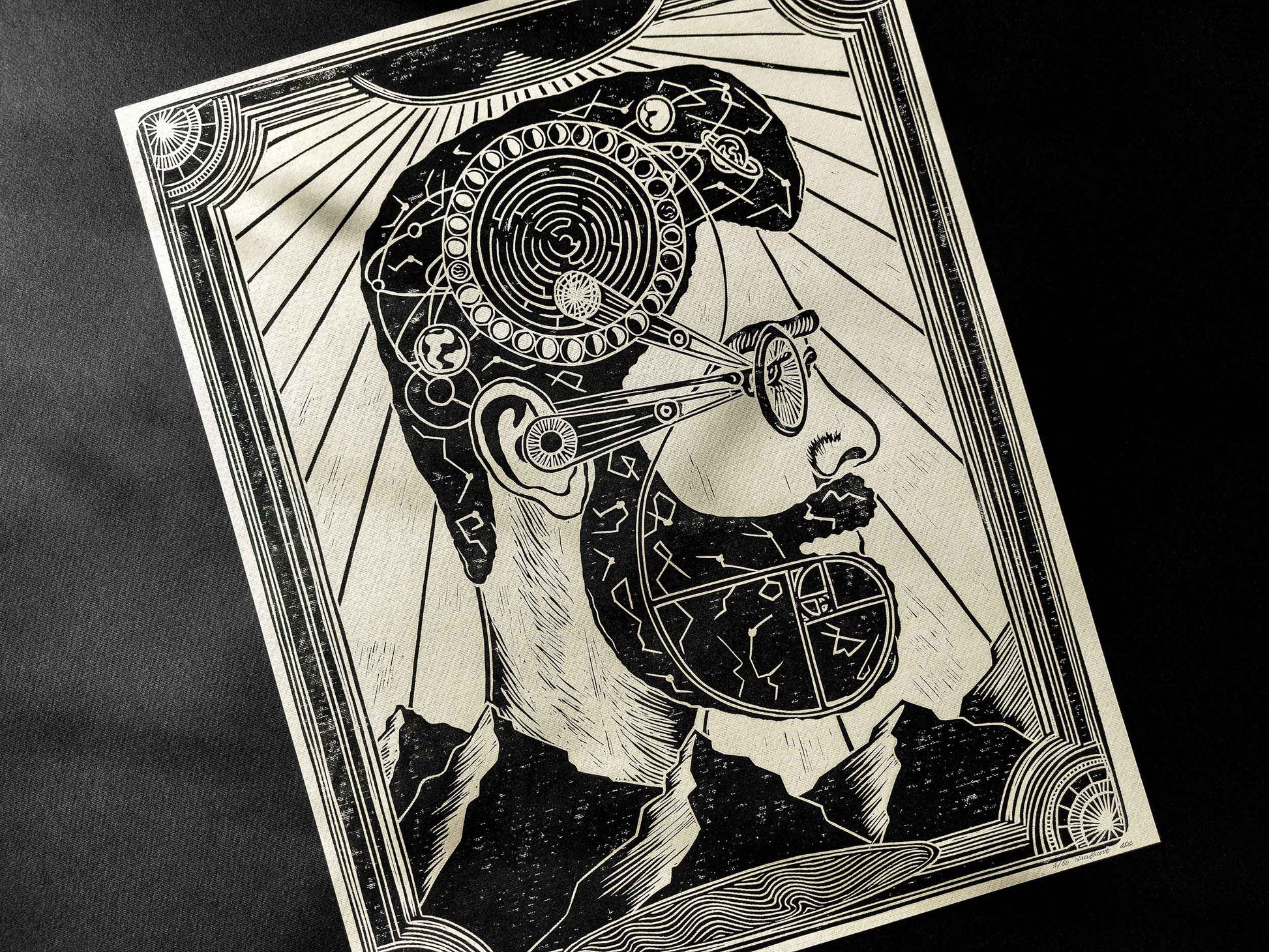 Linocut print Male portrait with constellations Solar system Moon phases map Original artwork for Boyfriend gift or Grandpa Chic wall decor, lino print, linogravure, printmaking art, handmade wall art, bedroom wall decor, living room wall art, man art, black and beige wall art