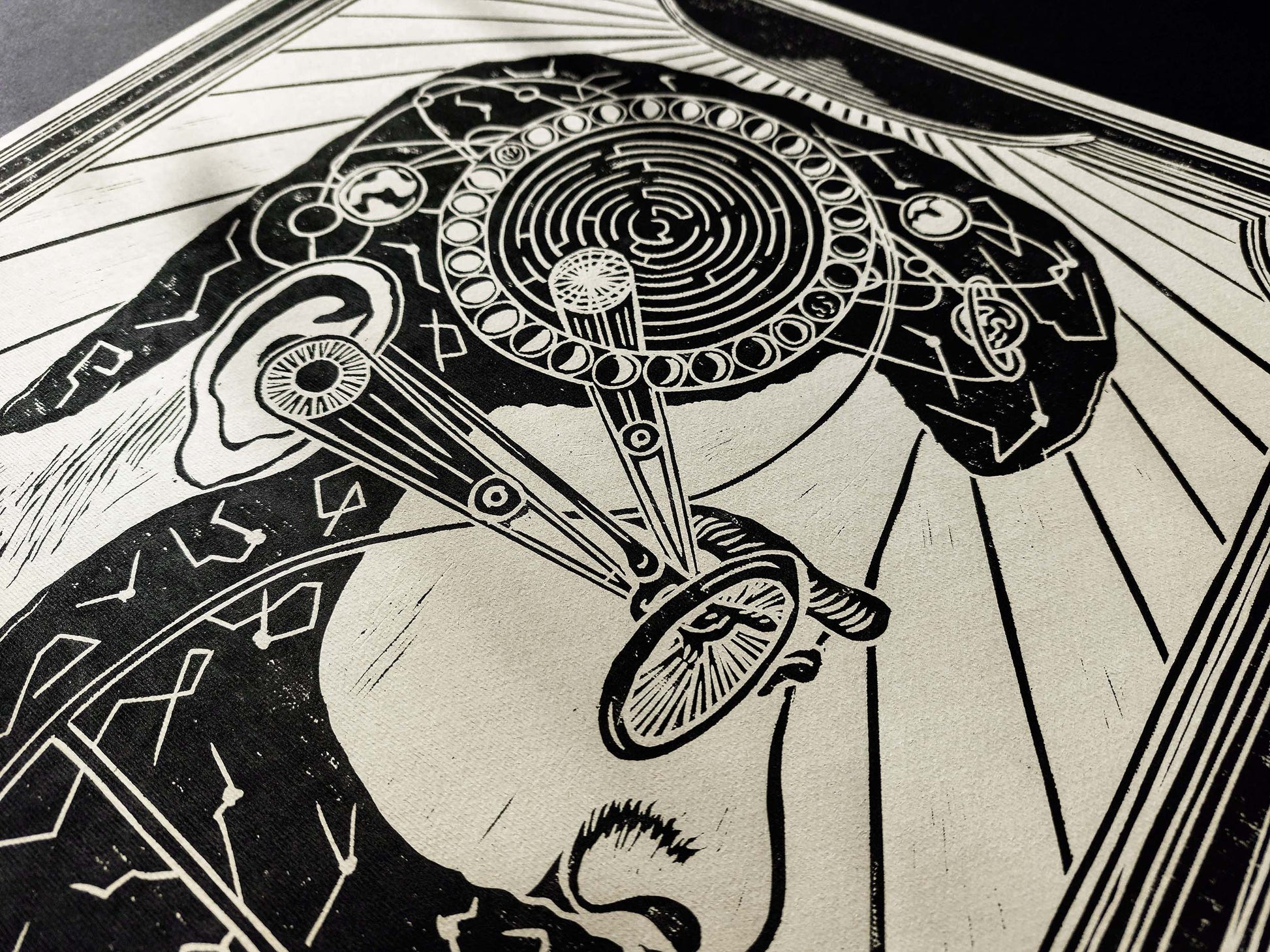 Linocut print Male portrait with constellations Solar system Moon phases map Original artwork for Boyfriend gift or Grandpa Chic wall decor, lino print, linogravure, printmaking art, handmade wall art, bedroom wall decor, living room wall art, man art, black and beige wall art