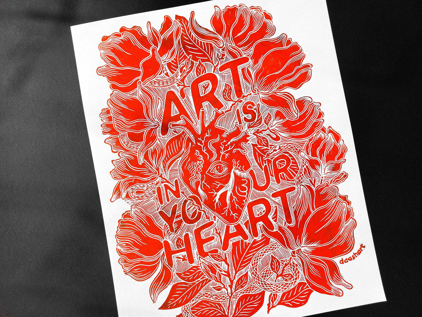 Art is in your heart with red magnolias flowers and snakes Linocut print for New home gift UNFRAMED, Lino print, Block print, Farmhouse decor, Linogravure, Illustration print, Original artwork, Floral wall art, Housewarming gift, Botanical artwork, printmaking handmade wall decoration for bedroom or living room large print