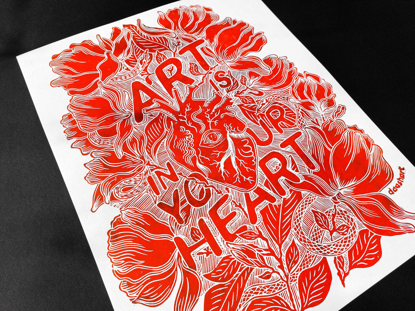 Art is in your heart with red magnolias flowers and snakes Linocut print for New home gift UNFRAMED, Lino print, Block print, Farmhouse decor, Linogravure, Illustration print, Original artwork, Floral wall art, Housewarming gift, Botanical artwork, printmaking handmade wall decoration for bedroom or living room large print