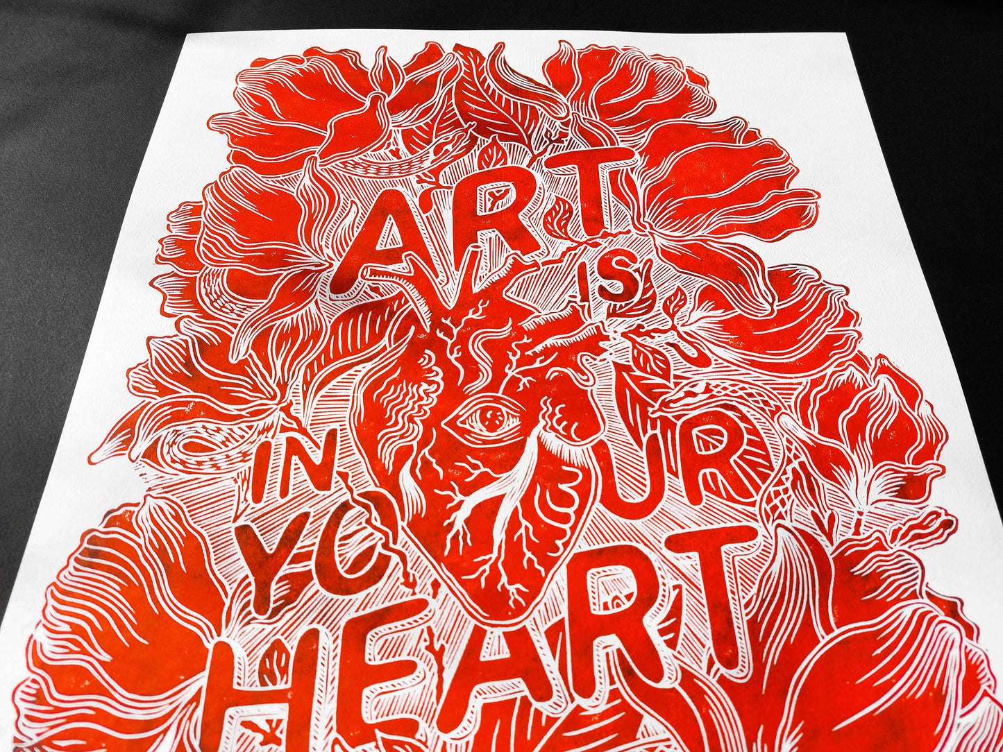 Art is in your heart with red magnolias flowers and snakes Linocut print for New home gift UNFRAMED, Lino print, Block print, Farmhouse decor, Linogravure, Illustration print, Original artwork, Floral wall art, Housewarming gift, Botanical artwork, printmaking handmade wall decoration for bedroom or living room large print