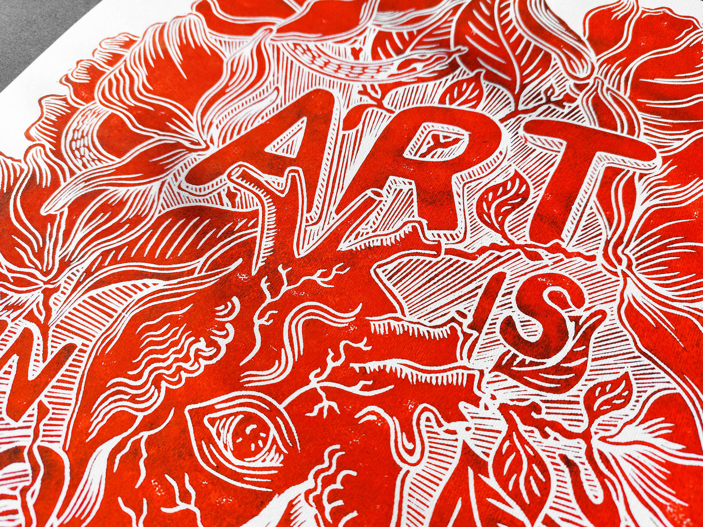 Art is in your heart with red magnolias flowers and snakes Linocut print for New home gift UNFRAMED, Lino print, Block print, Farmhouse decor, Linogravure, Illustration print, Original artwork, Floral wall art, Housewarming gift, Botanical artwork, printmaking handmade wall decoration for bedroom or living room large print
