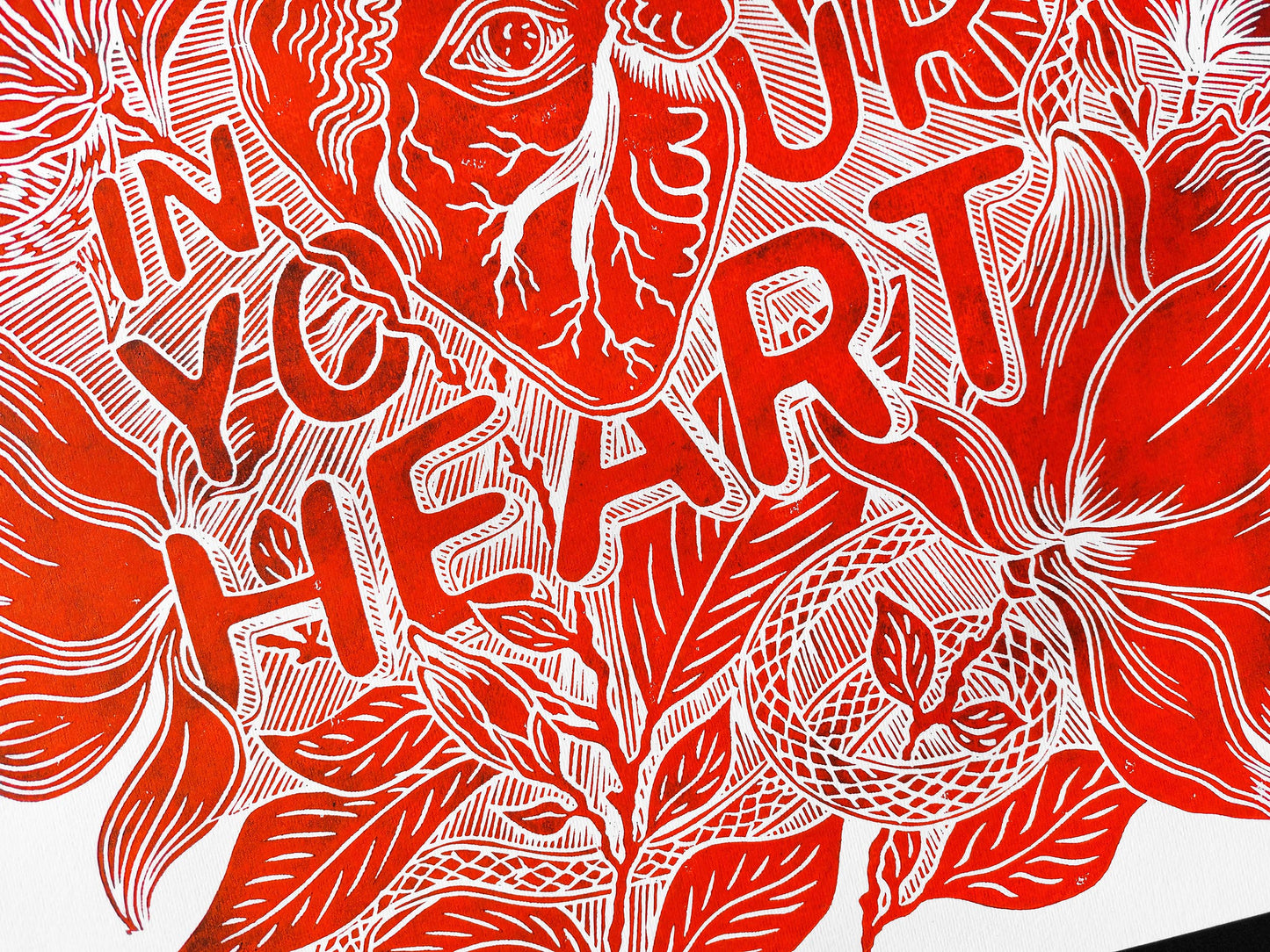 Art is in your heart with red magnolias flowers and snakes Linocut print for New home gift UNFRAMED, Lino print, Block print, Farmhouse decor, Linogravure, Illustration print, Original artwork, Floral wall art, Housewarming gift, Botanical artwork, printmaking handmade wall decoration for bedroom or living room large print