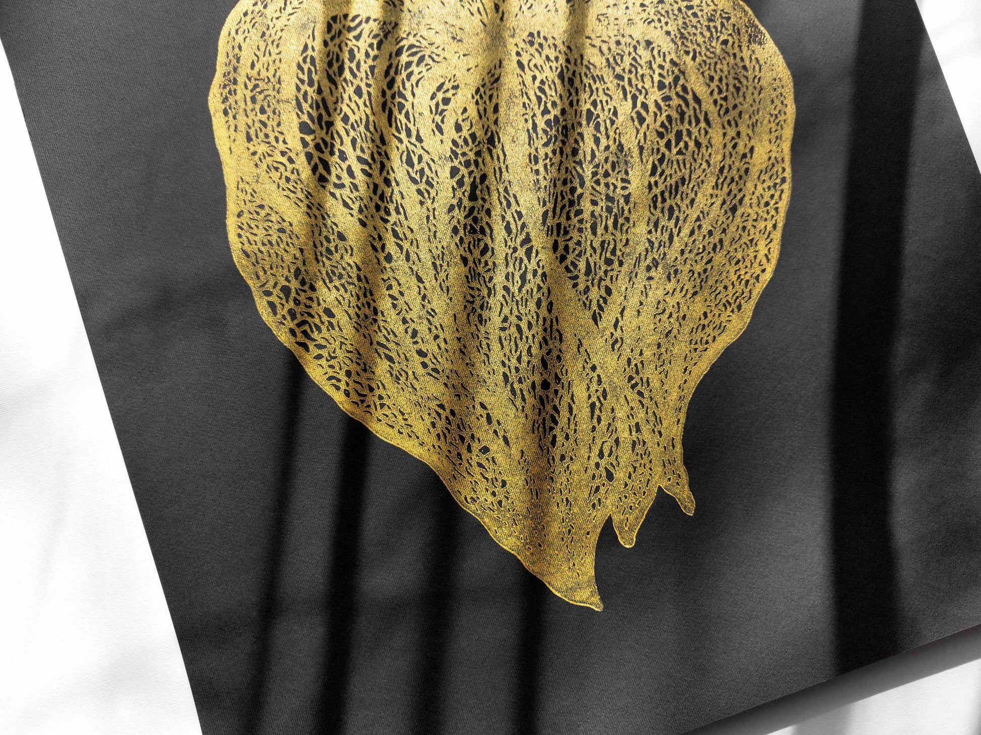 Details black and gold Physalis plant Linocut print / printmaking / lino print / linogravure