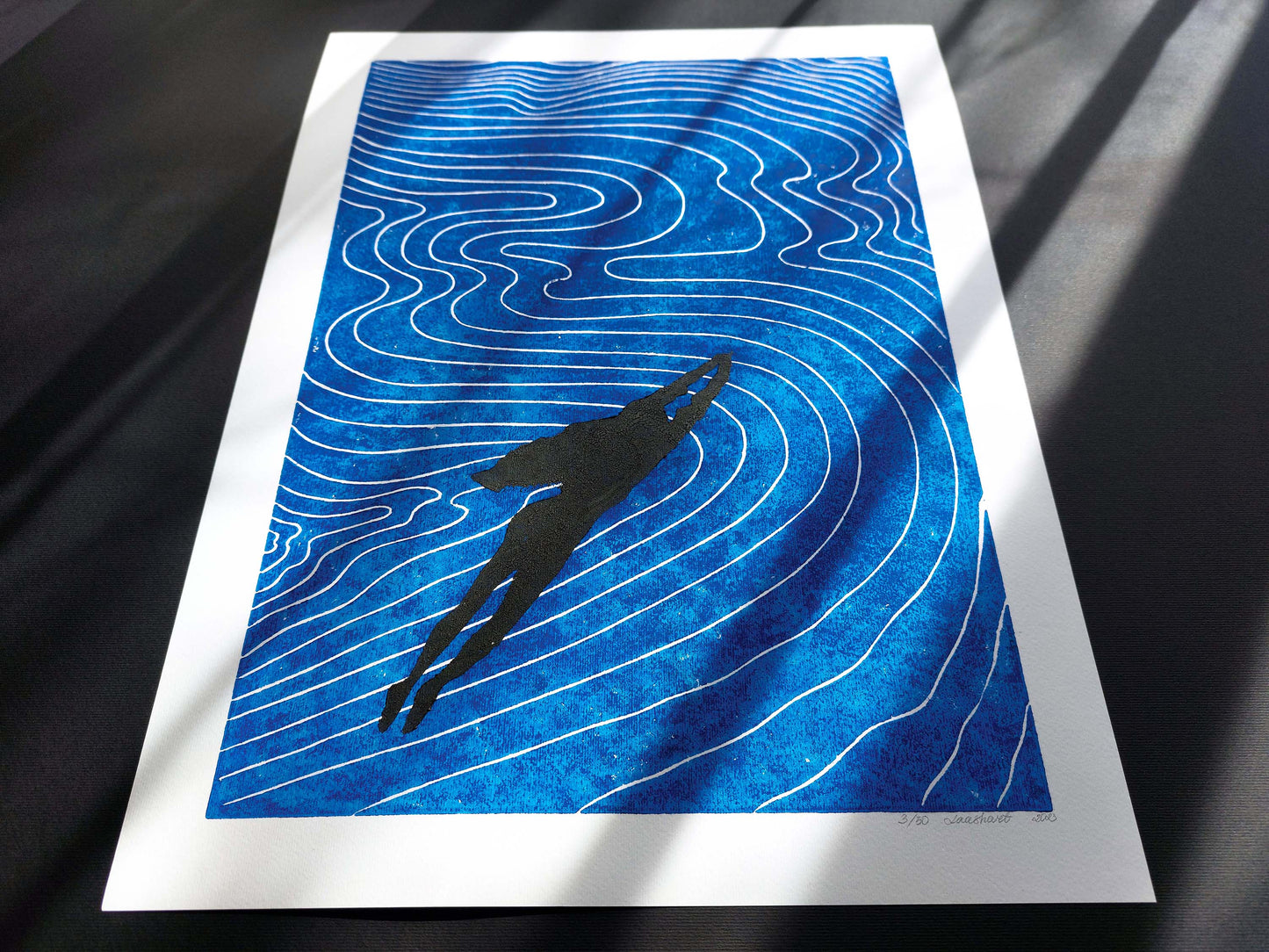 Girl swimming and Abstract blue water Linocut print art for Bedroom wall decor UNFRAMED for summer vibe in your bedroom, bathroom, living room, original artwork