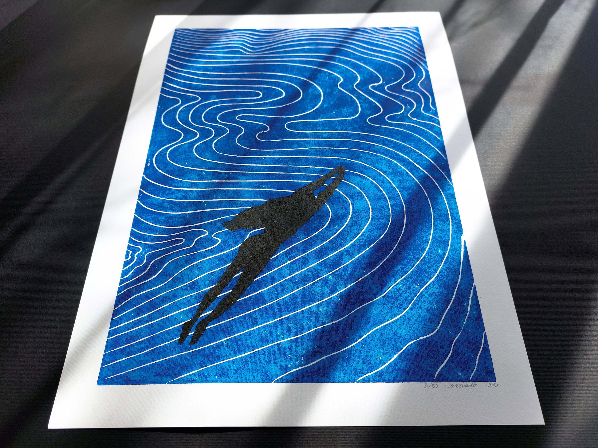 Girl swimming and Abstract blue water Linocut print art for Bedroom wall decor UNFRAMED for summer vibe in your bedroom, bathroom, living room, original artwork