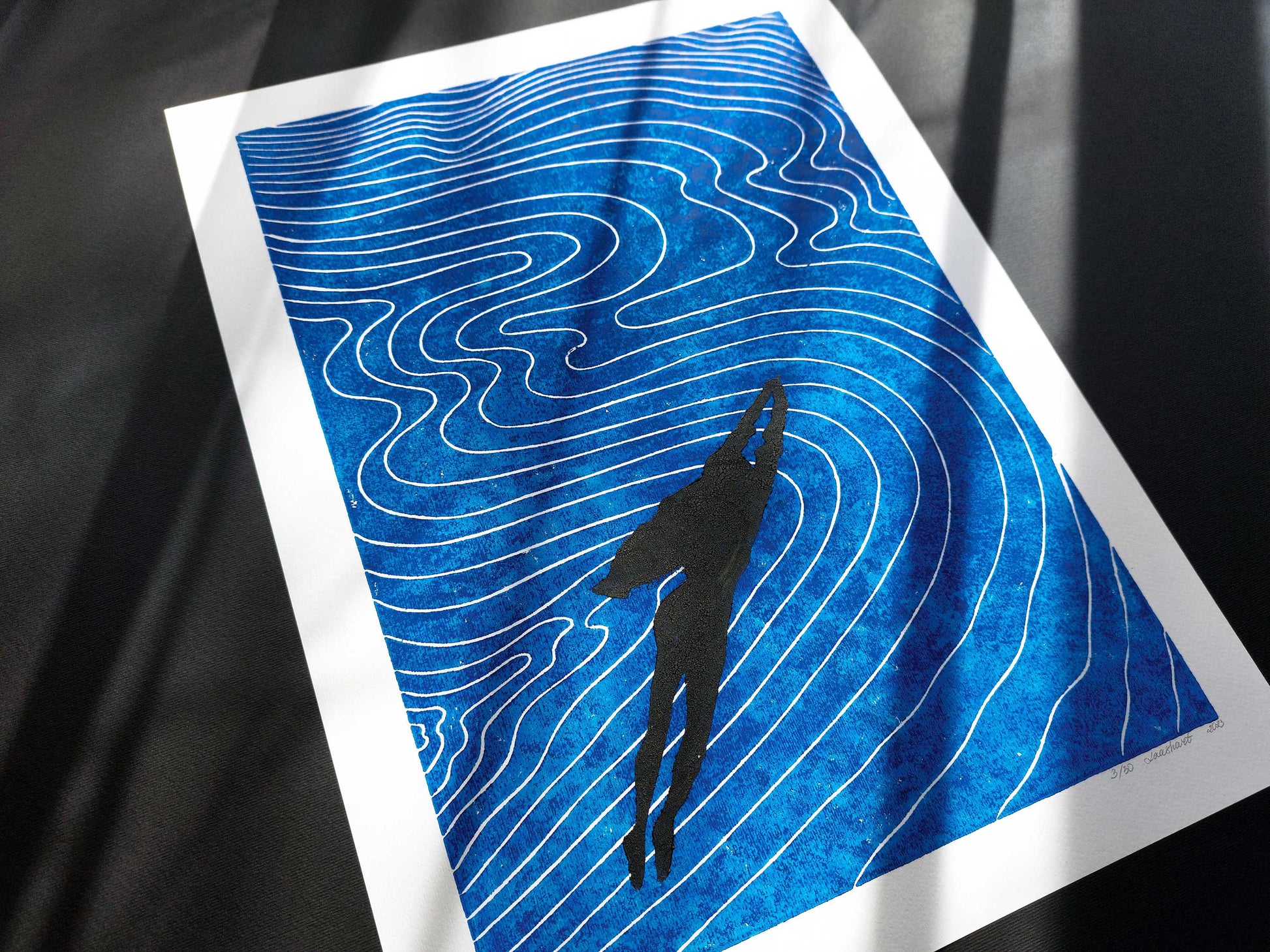 Girl swimming and Abstract blue water Linocut print art for Bedroom wall decor UNFRAMED for summer vibe in your bedroom, bathroom, living room, original artwork