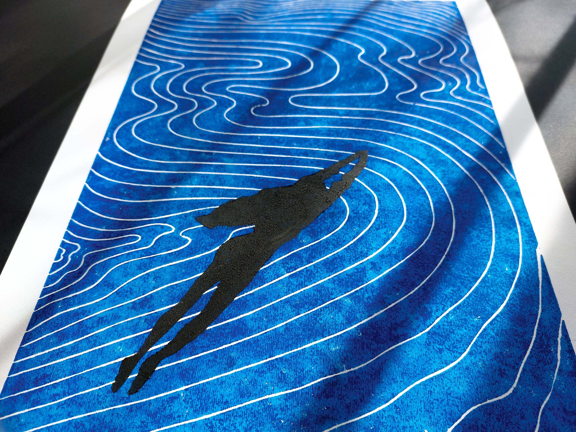 Girl swimming and Abstract blue water Linocut print art for Bedroom wall decor UNFRAMED for summer vibe in your bedroom, bathroom, living room, original artwork