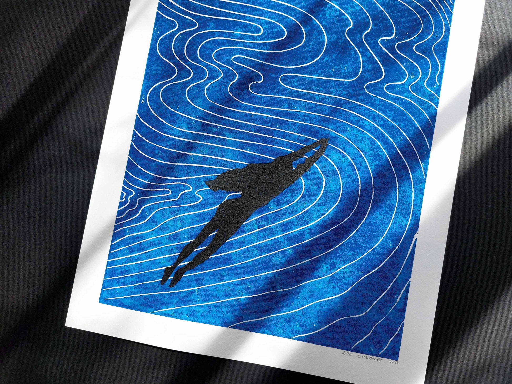 Girl swimming and Abstract blue water Linocut print art for Bedroom wall decor UNFRAMED for summer vibe in your bedroom, bathroom, living room, original artwork