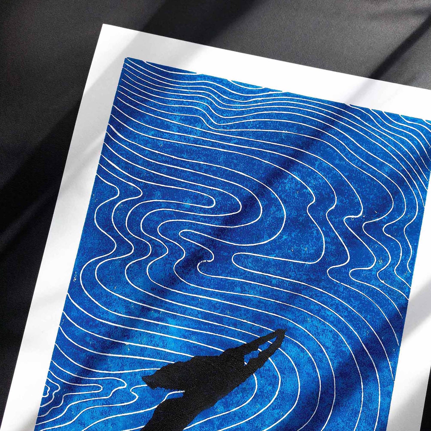 linocut print original artwork woman swimming linogravure living room wall art abstract navy blue waves printmaking new home gift lino coastal minimalist spiritual relief block ocean nautical bedroom maritime hostess gift self hand carved handprint large unique nature dopamine summer textured trendy aesthetic moody hampton classical bathroom modern kitchen dining room dorm laundry above bed entryway decordried home office decor new home gift handmade housewarming farmhouse wall art decor