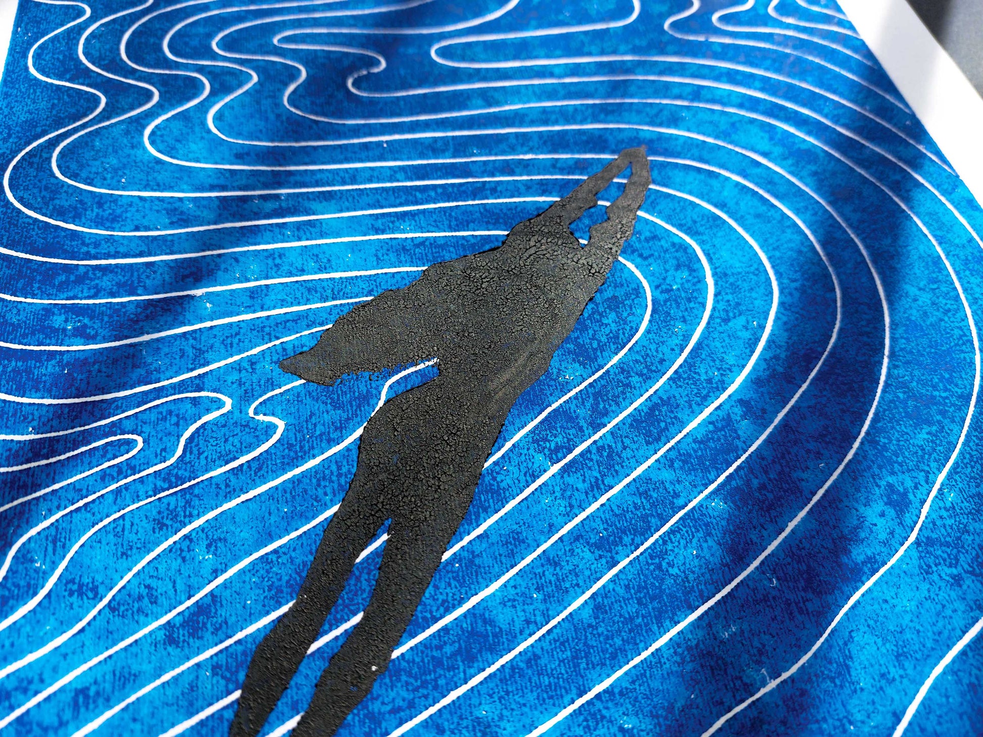 Girl swimming and Abstract blue water Linocut print / original artwork / lino print / linogravure