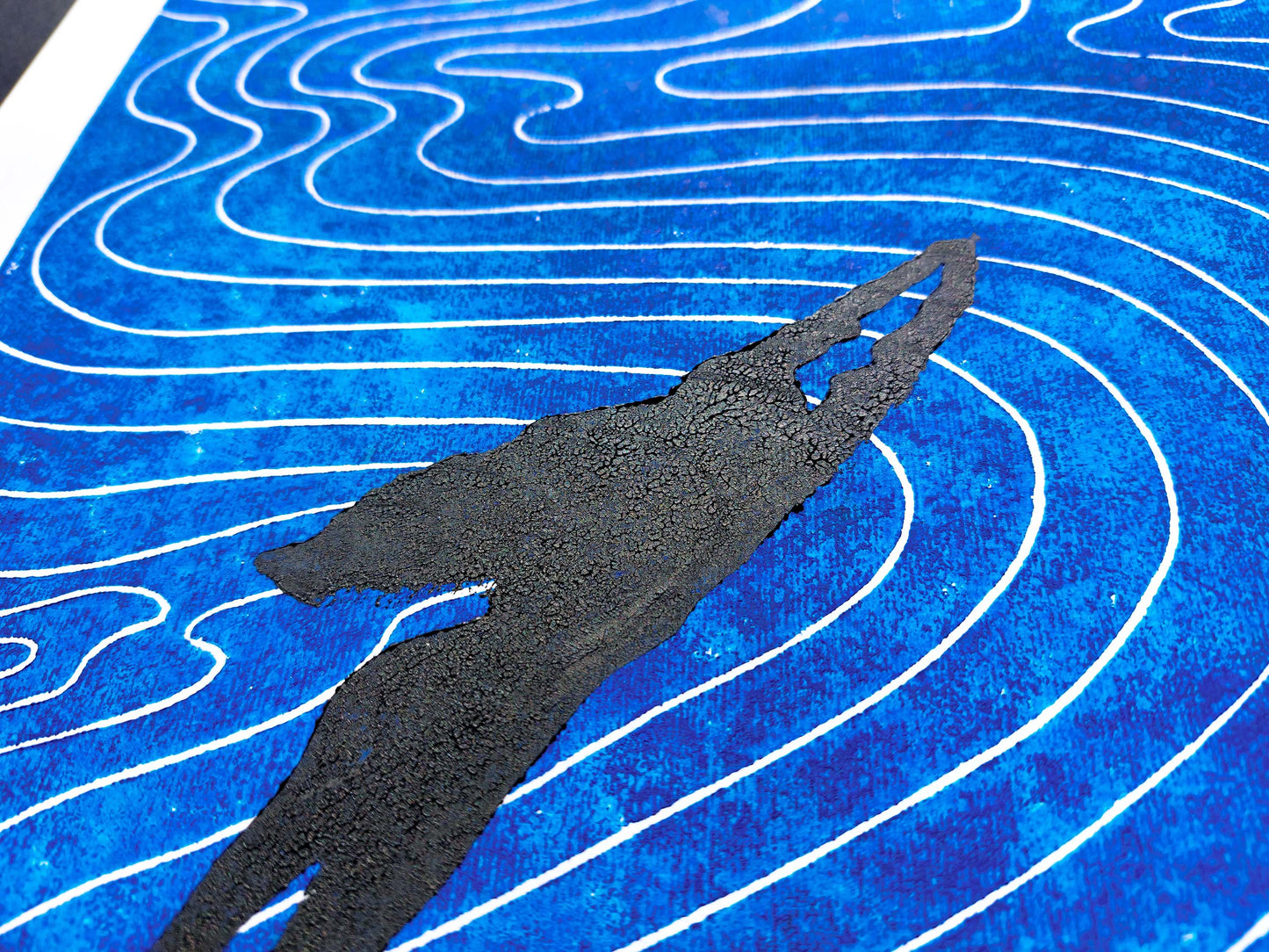 Girl swimming and Abstract blue water Linocut print / original artwork / lino print / linogravure