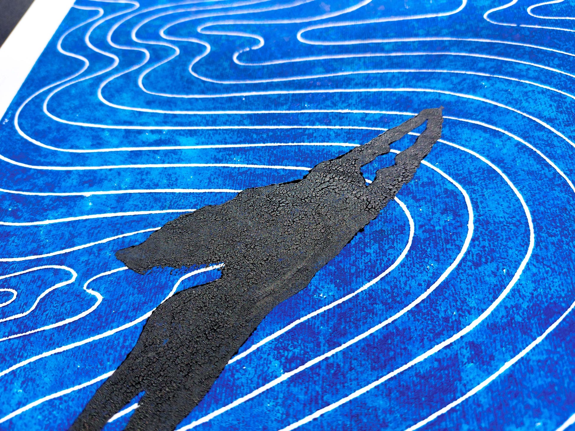 Girl swimming and Abstract blue water Linocut print / original artwork / lino print / linogravure