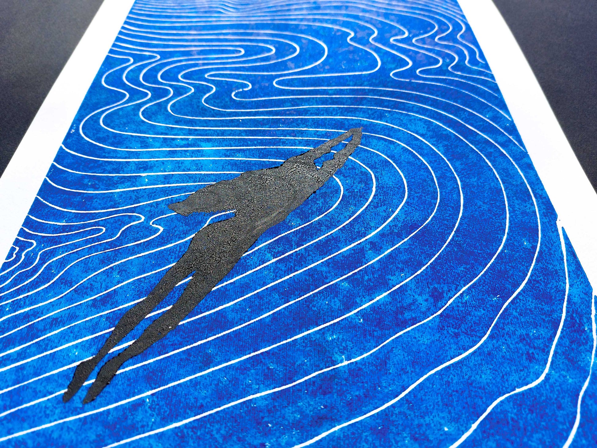 Girl swimming and Abstract blue water Linocut print / original artwork / lino print / linogravure