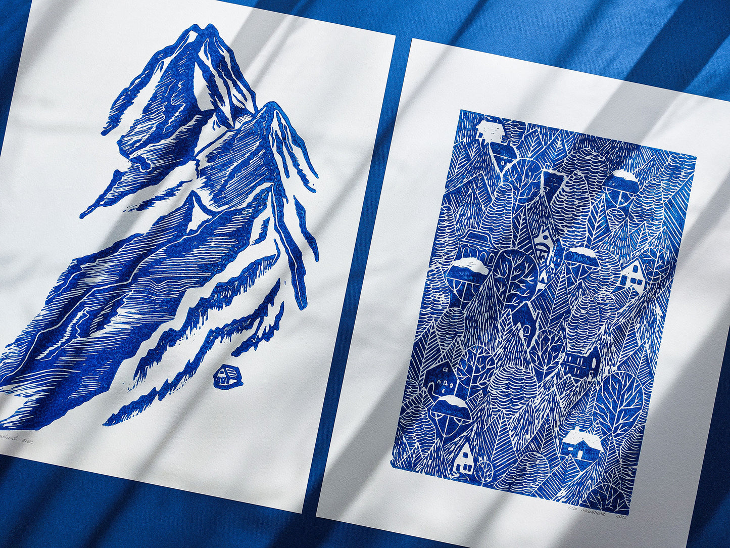 Gallery wall set of 2 linocut prints Blue mountains and forest with houses Bedroom decor for Nature lovers gift UNFRAMED, Linogravure, Lino print, Printmaking art, original artwork, Farmhouse wall decor, New home gift, Bedroom wall decor, nursery decor, living room decoration, handmade print