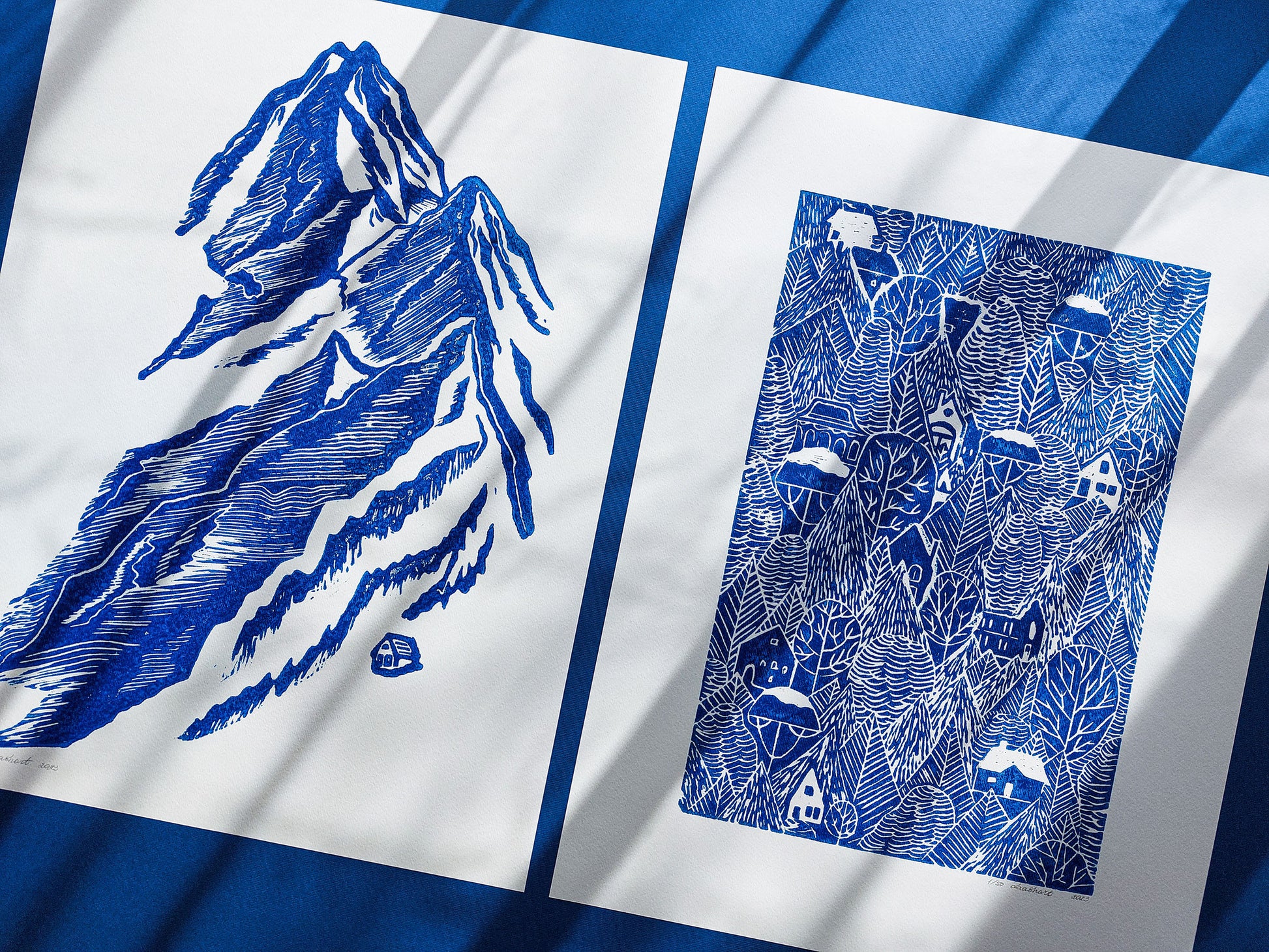 Gallery wall set of 2 linocut prints Blue mountains and forest with houses Bedroom decor for Nature lovers gift UNFRAMED, Linogravure, Lino print, Printmaking art, original artwork, Farmhouse wall decor, New home gift, Bedroom wall decor, nursery decor, living room decoration, handmade print
