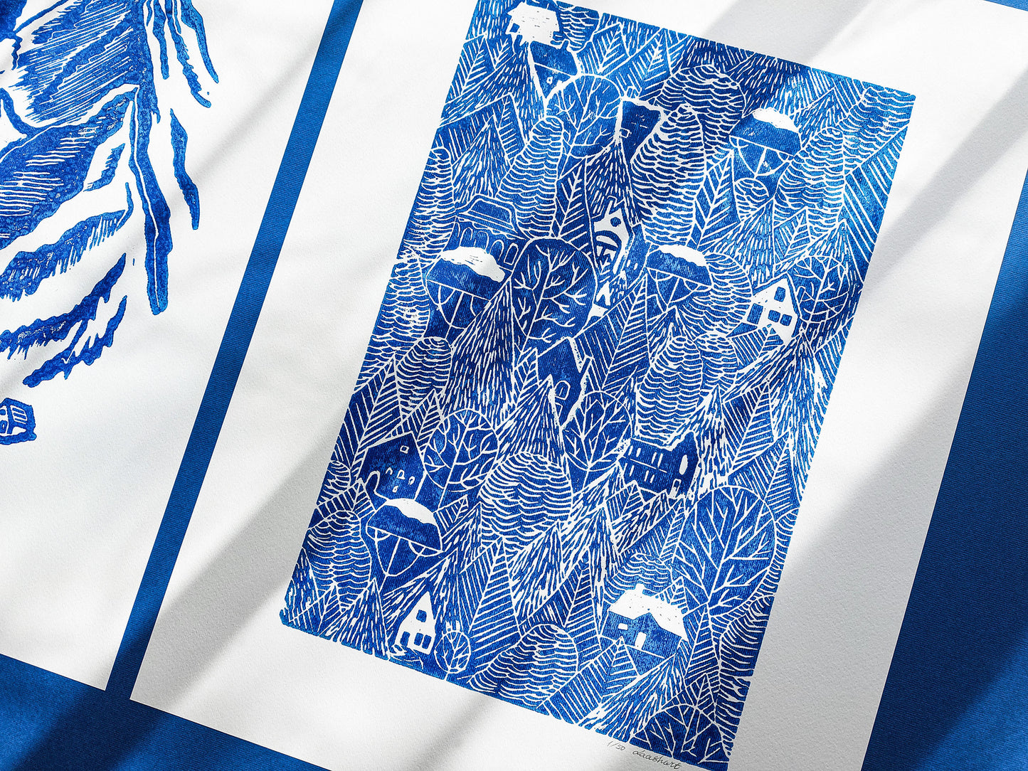 Gallery wall set of 2 linocut prints Blue mountains and forest with houses Bedroom decor for Nature lovers gift UNFRAMED, Linogravure, Lino print, Printmaking art, original artwork, Farmhouse wall decor, New home gift, Bedroom wall decor, nursery decor, living room decoration, handmade print