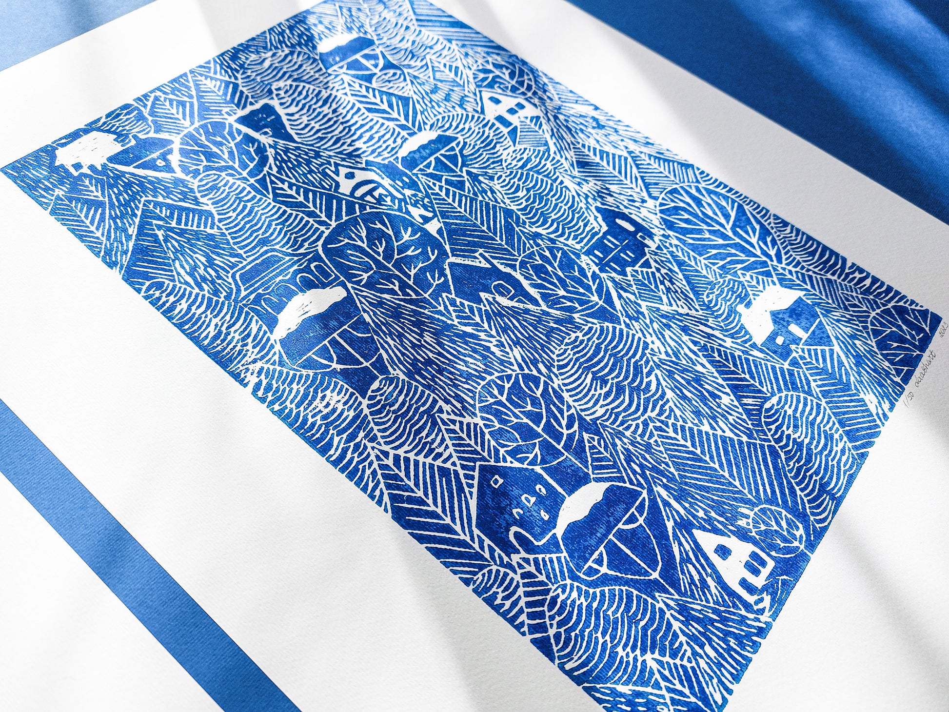 Holiday winter wall art Linocut print Blue forest with houses Original artwork 12x16 Bedroom decor for New home gift UNFRAMED, Linogravure, Kids wall art, Living room wall art, Farmhouse wall decor, Village wall art, New home gift, handmade relief print