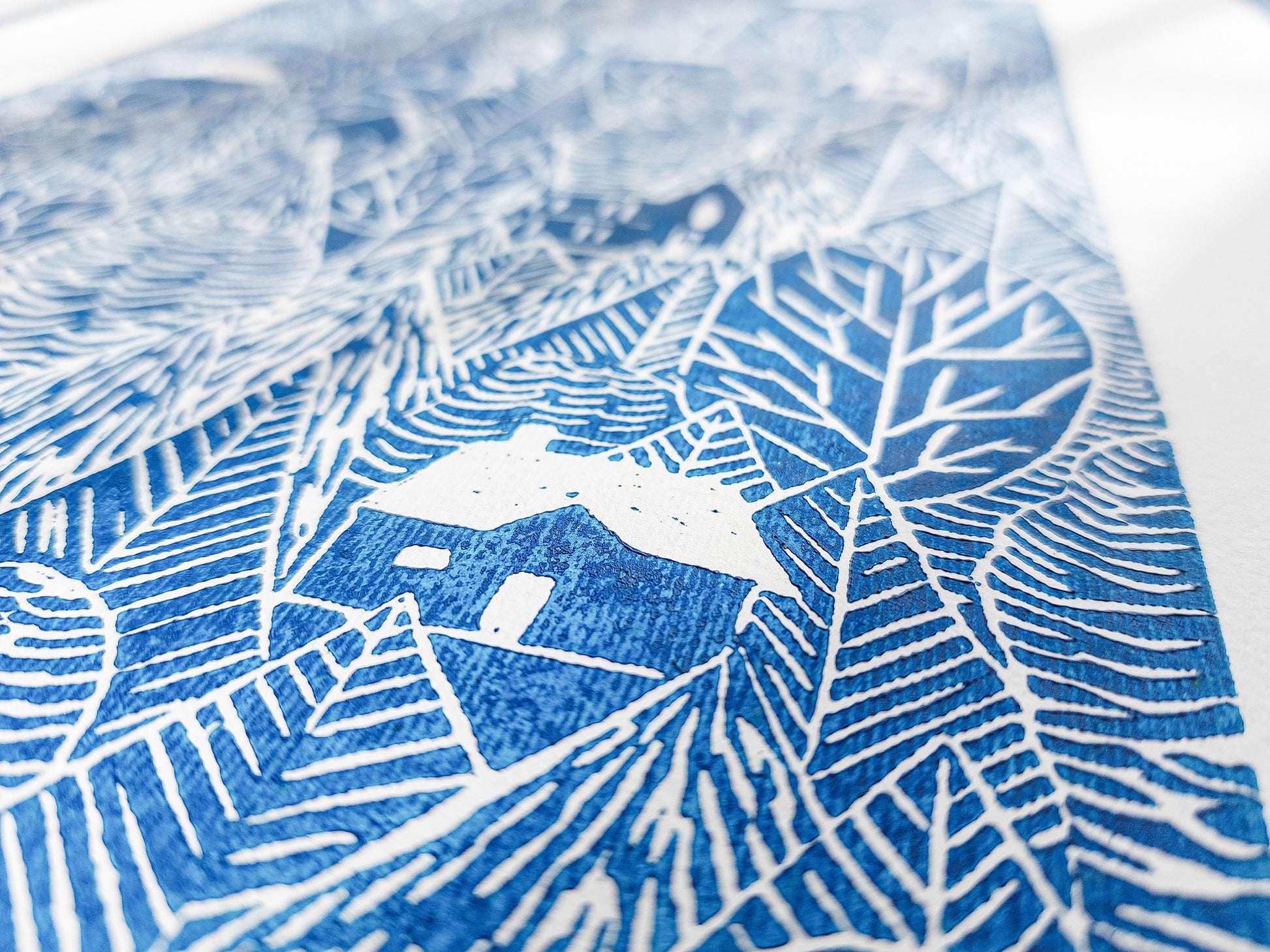 Dark blue winter forest with houses Linocut print 12x16in for Nature lover gift UNFRAMED / printmaking art, original artwork, lino print, linogravure, block print, relief print, handmade art, bedroom wall art, living room decor, nursery wall art