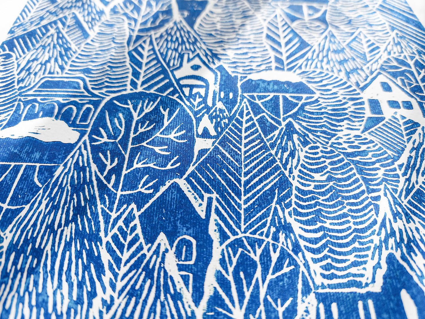 Gallery wall set of 2 linocut prints Blue mountains and forest with houses Bedroom decor for Nature lovers gift UNFRAMED, Linogravure, Lino print, Printmaking art, original artwork, Farmhouse wall decor, New home gift, Bedroom wall decor, nursery decor, living room decoration, handmade print