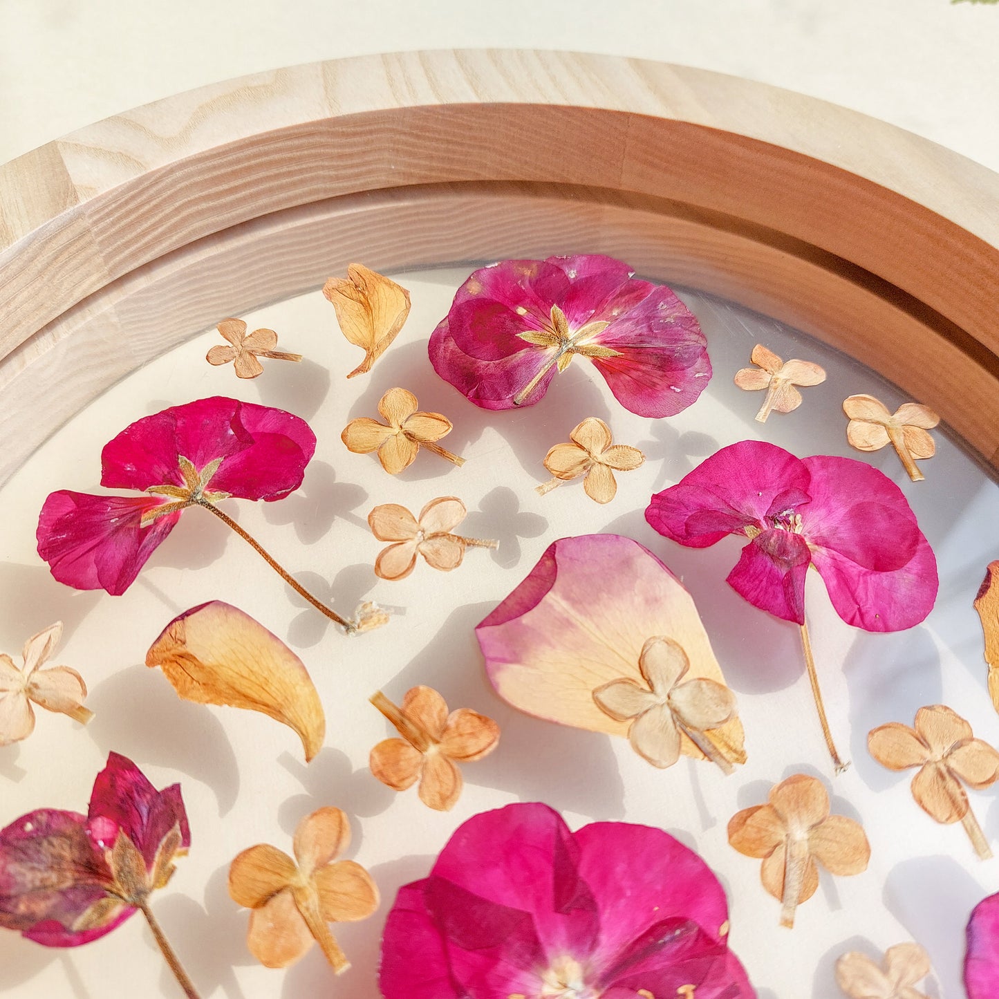 Details Pink and beige Geranium lilac pressed flower art rose petal on plexiglass with wooden arch frame