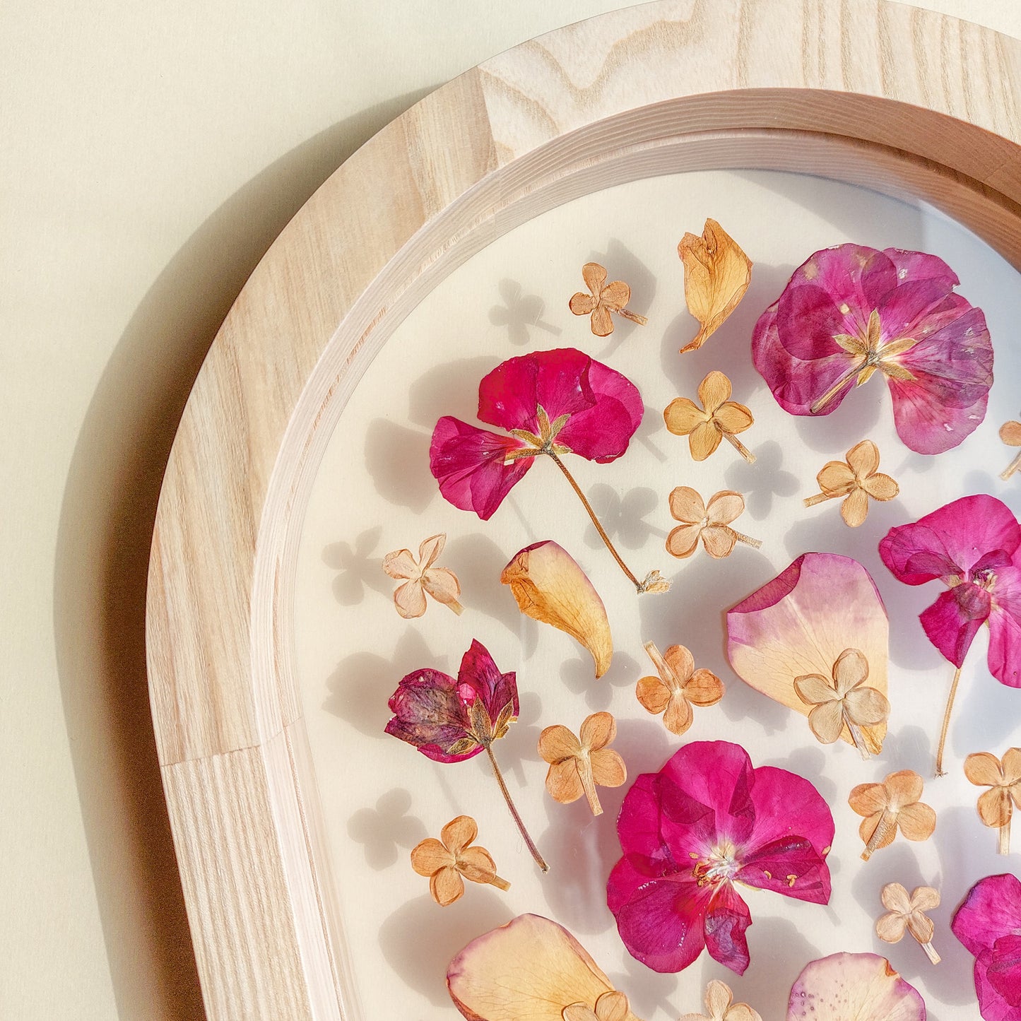 Details Pink and beige Geranium lilac pressed flower art rose petal on plexiglass with wooden arch frame