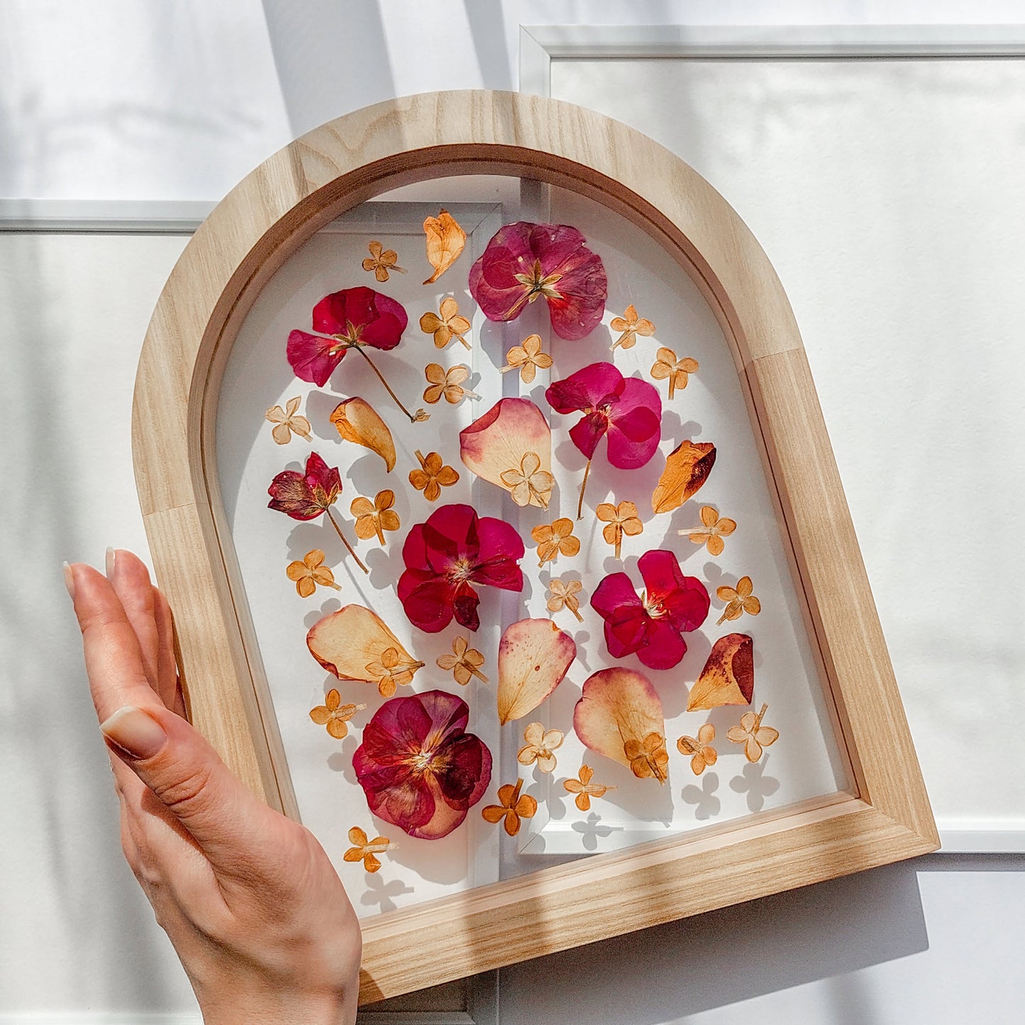 Geranium lilac pressed flower art rose petal on plexiglass with wooden arch frame for Nature lover gift for living room bedroom or kitchen and dining room