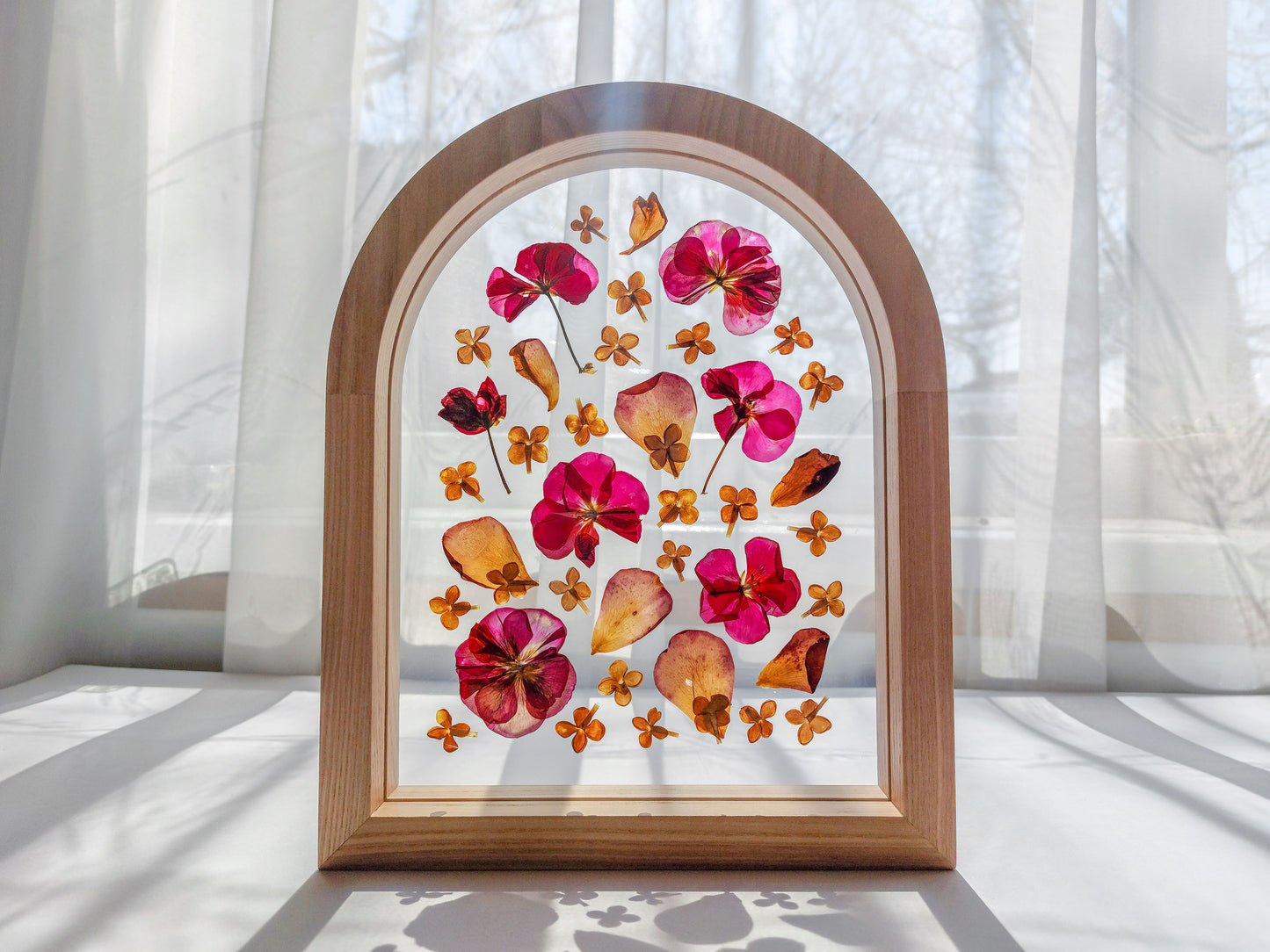 Geranium lilac pressed flower art rose petal on plexiglass with wooden arch frame for Nature lover gift for living room bedroom or kitchen and dining room