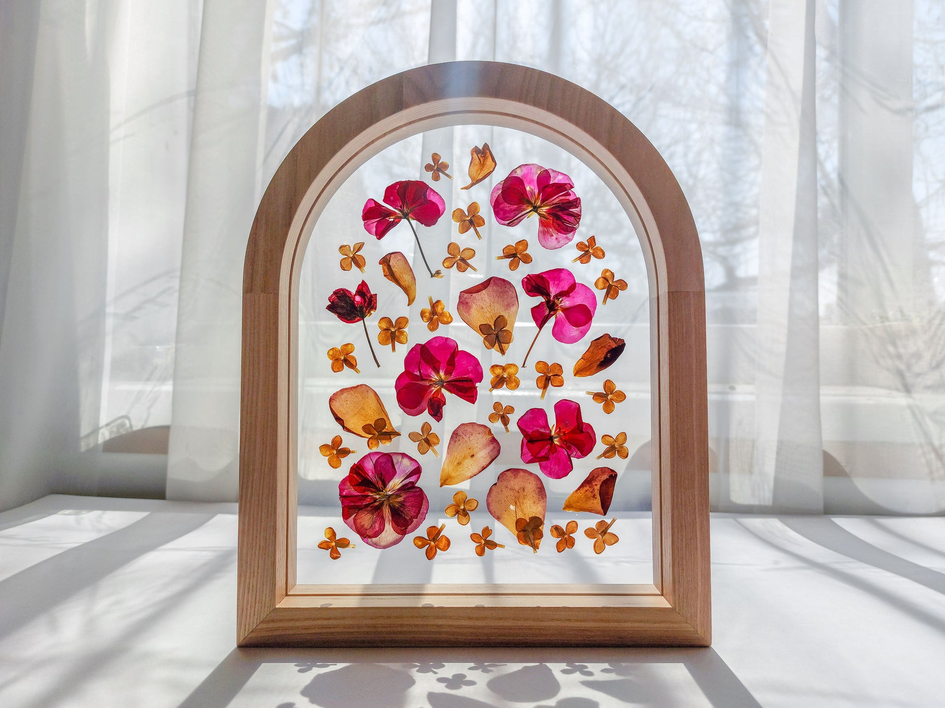 Geranium lilac pressed flower art rose petal on plexiglass with wooden arch frame for Nature lover gift for living room bedroom or kitchen and dining room