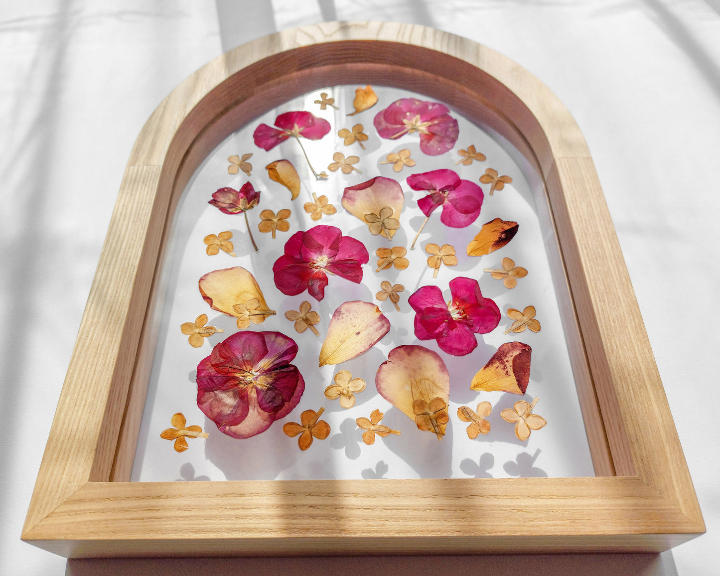 Geranium lilac pressed flower art rose petal on plexiglass with wooden arch frame for Nature lover gift for living room bedroom or kitchen and dining room